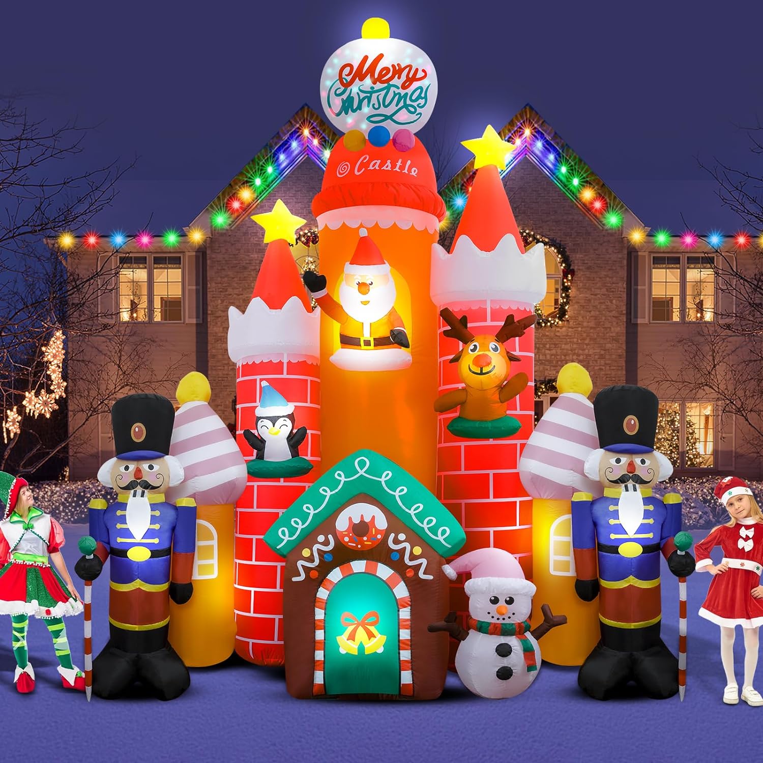 11Ft Christmas Inflatables Candy Castle, Blow Up Giant Christmas Decorations Outdoor with Soldier Santa Reindeer Penguin Colorful Led Lights for Yard Indoor Outdoor Garden Lawn Holiday Party Decor