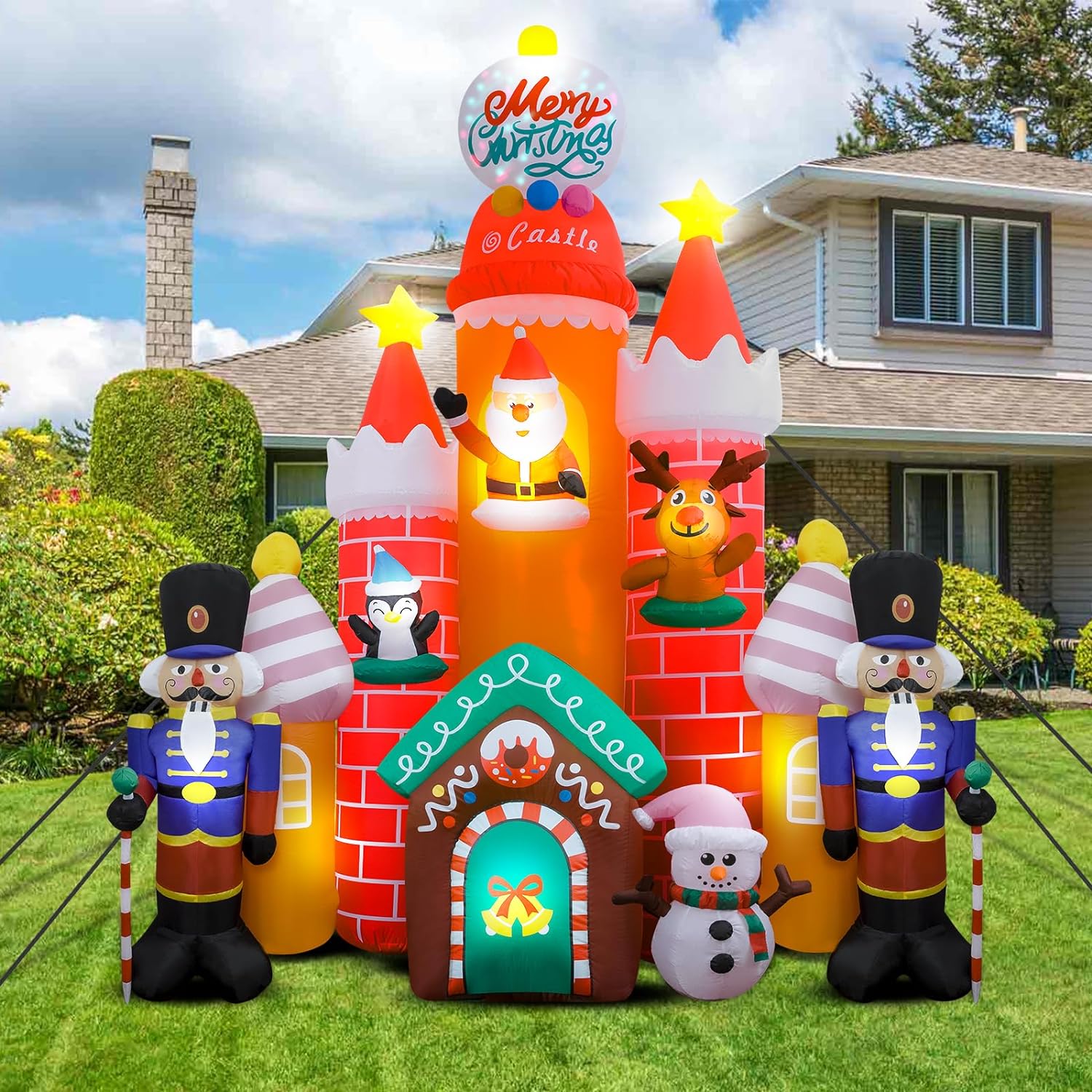 11Ft Christmas Inflatables Candy Castle, Blow Up Giant Christmas Decorations Outdoor with Soldier Santa Reindeer Penguin Colorful Led Lights for Yard Indoor Outdoor Garden Lawn Holiday Party Decor