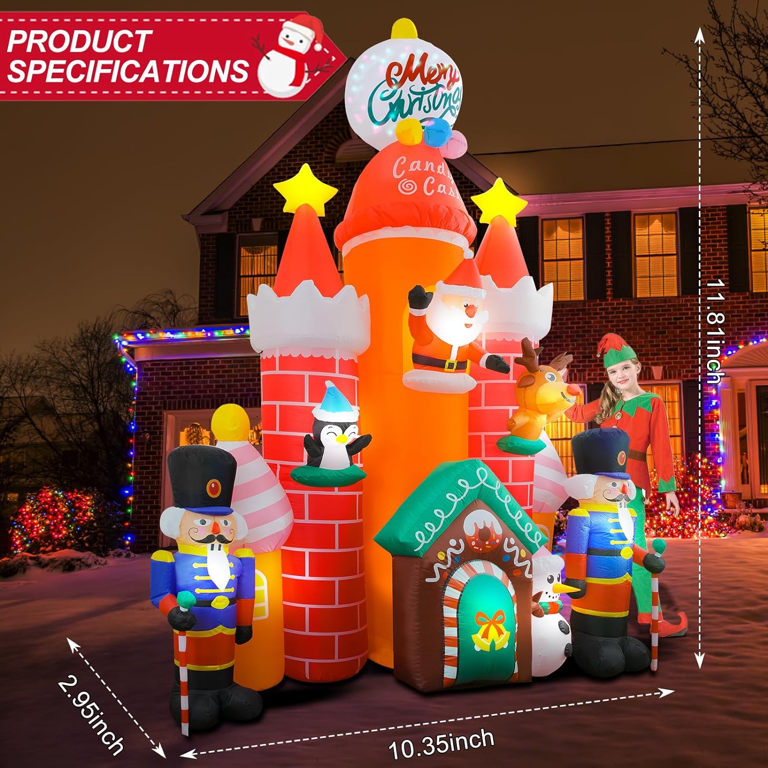 11Ft Christmas Inflatables Candy Castle, Blow Up Giant Christmas Decorations Outdoor with Soldier Santa Reindeer Penguin Colorful Led Lights for Yard Indoor Outdoor Garden Lawn Holiday Party Decor