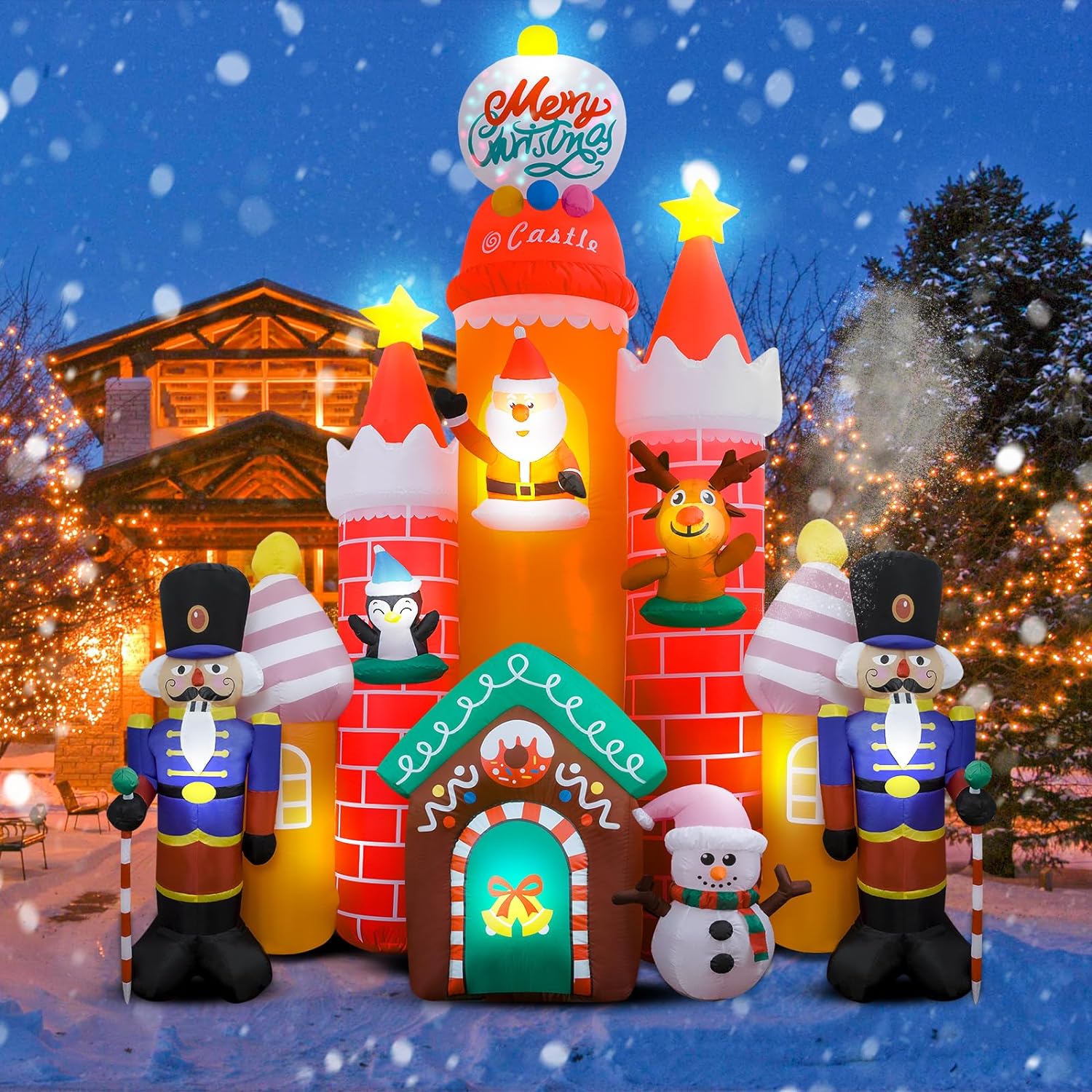 11Ft Christmas Inflatables Candy Castle, Blow Up Giant Christmas Decorations Outdoor with Soldier Santa Reindeer Penguin Colorful Led Lights for Yard Indoor Outdoor Garden Lawn Holiday Party Decor