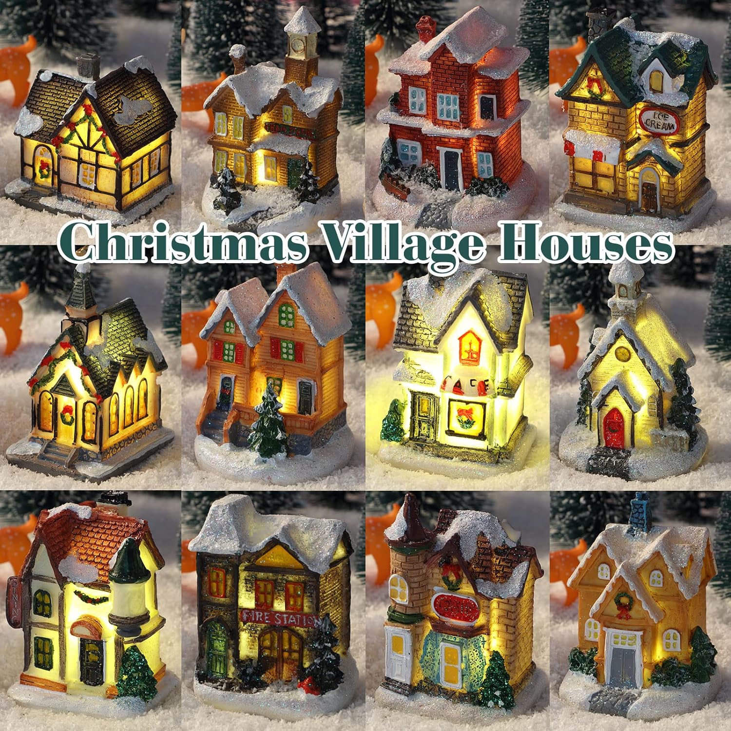 12 Pieces Christmas Winter Houses Village with 12 Pieces Trees Lamp LED Lights Christmas Winter Village Figurine Town Buildings Accessories for Thanksgiving Halloween (Classic Color,Classic Style)