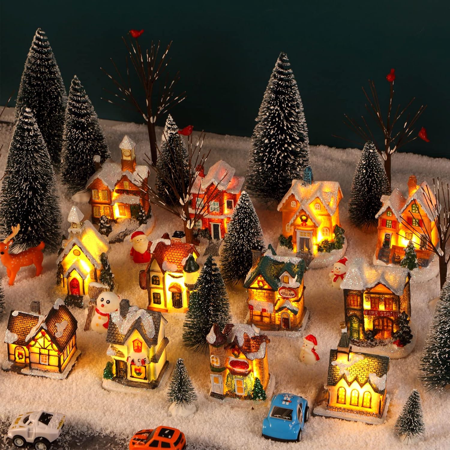 12 Pieces Christmas Winter Houses Village with 12 Pieces Trees Lamp LED Lights Christmas Winter Village Figurine Town Buildings Accessories for Thanksgiving Halloween (Classic Color,Classic Style)