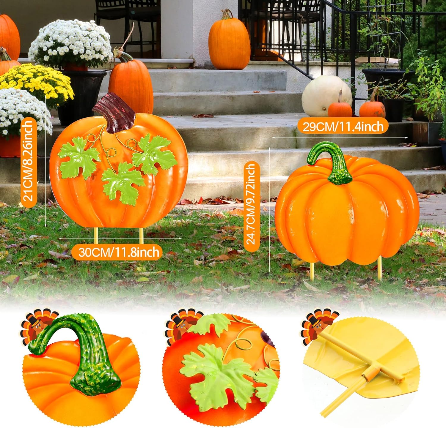 3 Pieces Thanksgiving Pumpkin Turkey Decors 36 Inch Fall Metal Pumpkin Turkey Yard Stakes Harvest Autumn Garden Sign Happy Thanksgiving Yard Ornaments for Outdoor Lawn Pathway Patio