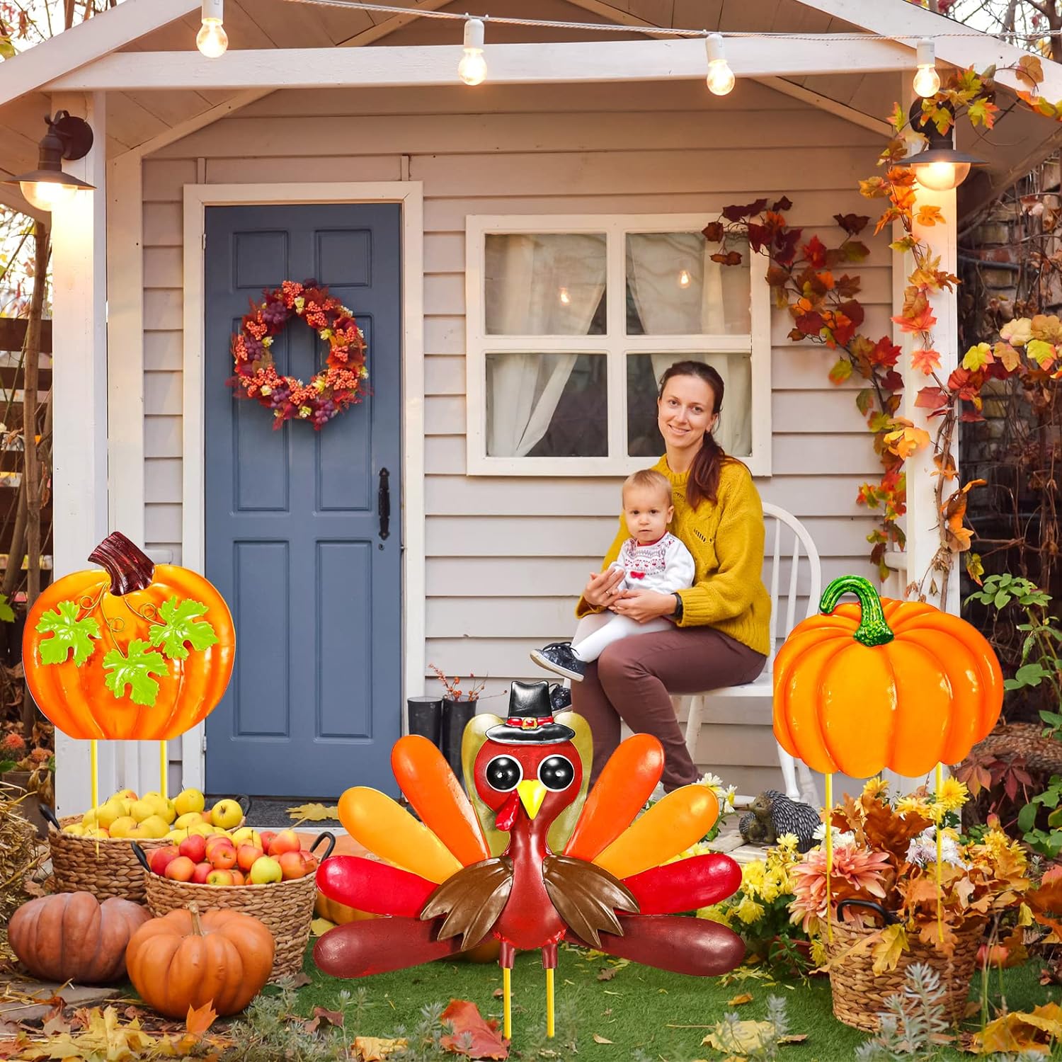 3 Pieces Thanksgiving Pumpkin Turkey Decors 36 Inch Fall Metal Pumpkin Turkey Yard Stakes Harvest Autumn Garden Sign Happy Thanksgiving Yard Ornaments for Outdoor Lawn Pathway Patio