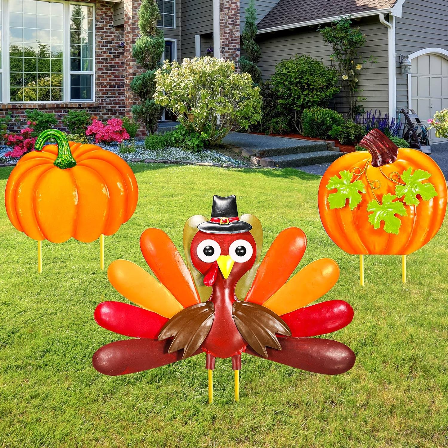 3 Pieces Thanksgiving Pumpkin Turkey Decors 36 Inch Fall Metal Pumpkin Turkey Yard Stakes Harvest Autumn Garden Sign Happy Thanksgiving Yard Ornaments for Outdoor Lawn Pathway Patio