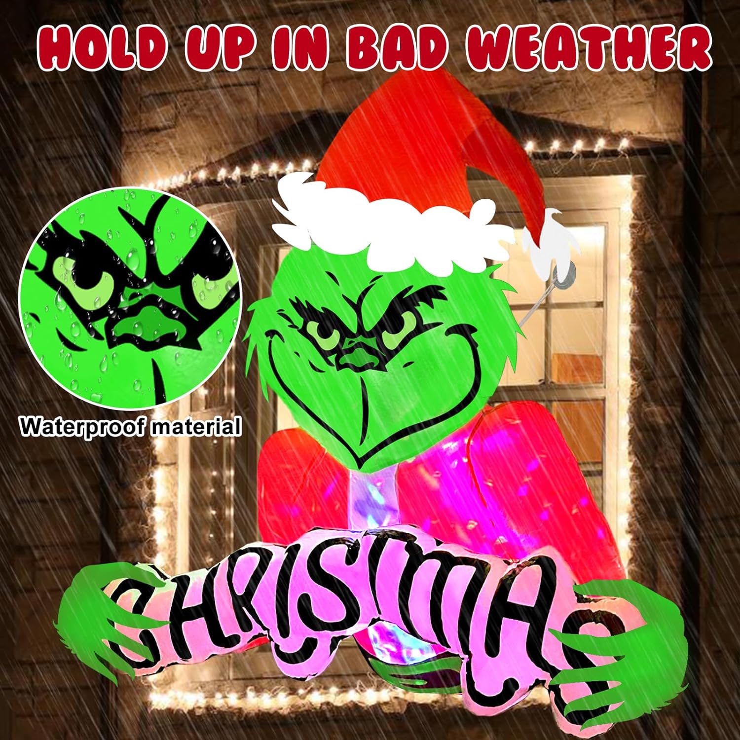 4.5ft Christmas Inflatable Outdoor Decorations Green Monster Broke Out from Window with Built-in LED Rotating Lights Blow Up Inflatable for Christmas Decoration Indoor Yard Lawn Garden Xmas Decor