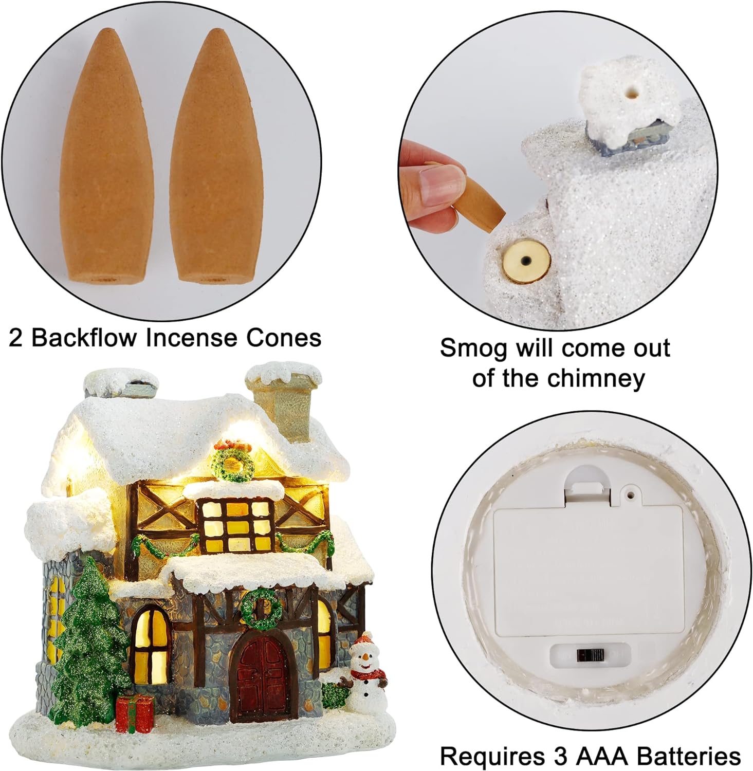 Adroiteet Christmas Village Light up House, Backflow Incense Holder, Resin Christmas Snowy Town with Xmas Tree and Snowman, Holiday Tabletop Decorations for Home Kitchen Office