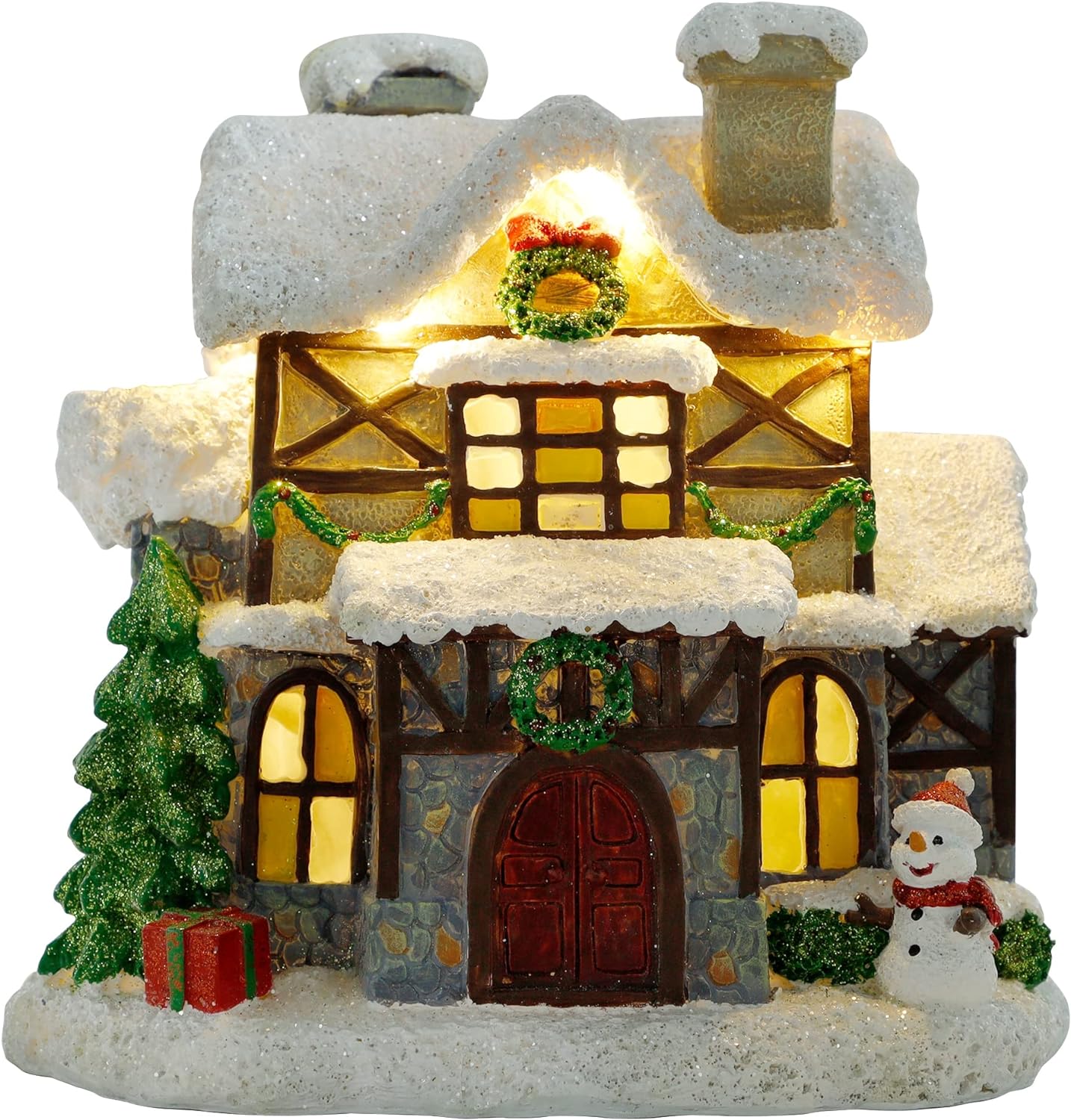 Adroiteet Christmas Village Light up House, Backflow Incense Holder, Resin Christmas Snowy Town with Xmas Tree and Snowman, Holiday Tabletop Decorations for Home Kitchen Office