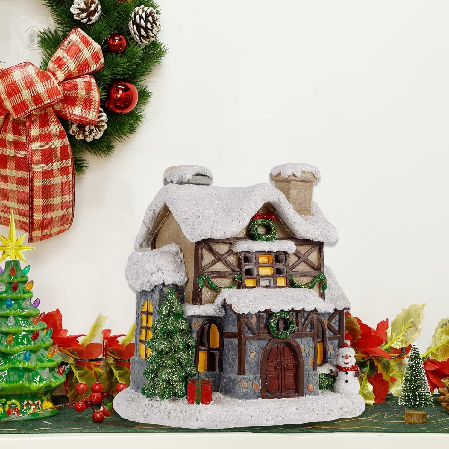 Adroiteet Christmas Village Light up House, Backflow Incense Holder, Resin Christmas Snowy Town with Xmas Tree and Snowman, Holiday Tabletop Decorations for Home Kitchen Office