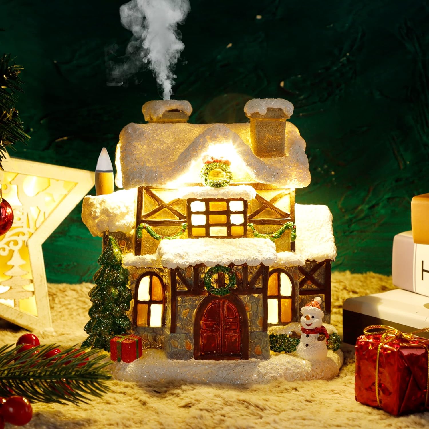 Adroiteet Christmas Village Light up House, Backflow Incense Holder, Resin Christmas Snowy Town with Xmas Tree and Snowman, Holiday Tabletop Decorations for Home Kitchen Office