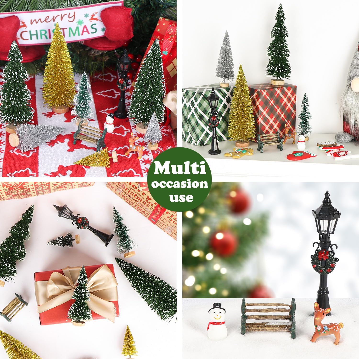 AerWo 21pcs Mini Christmas Trees Bottle Brush Trees, Christmas Village Sets with Snowman, Reindeer, Bench, Small Christmas Village Trees for Tabletop Decor Holiday Winter Christmas Table Decorations