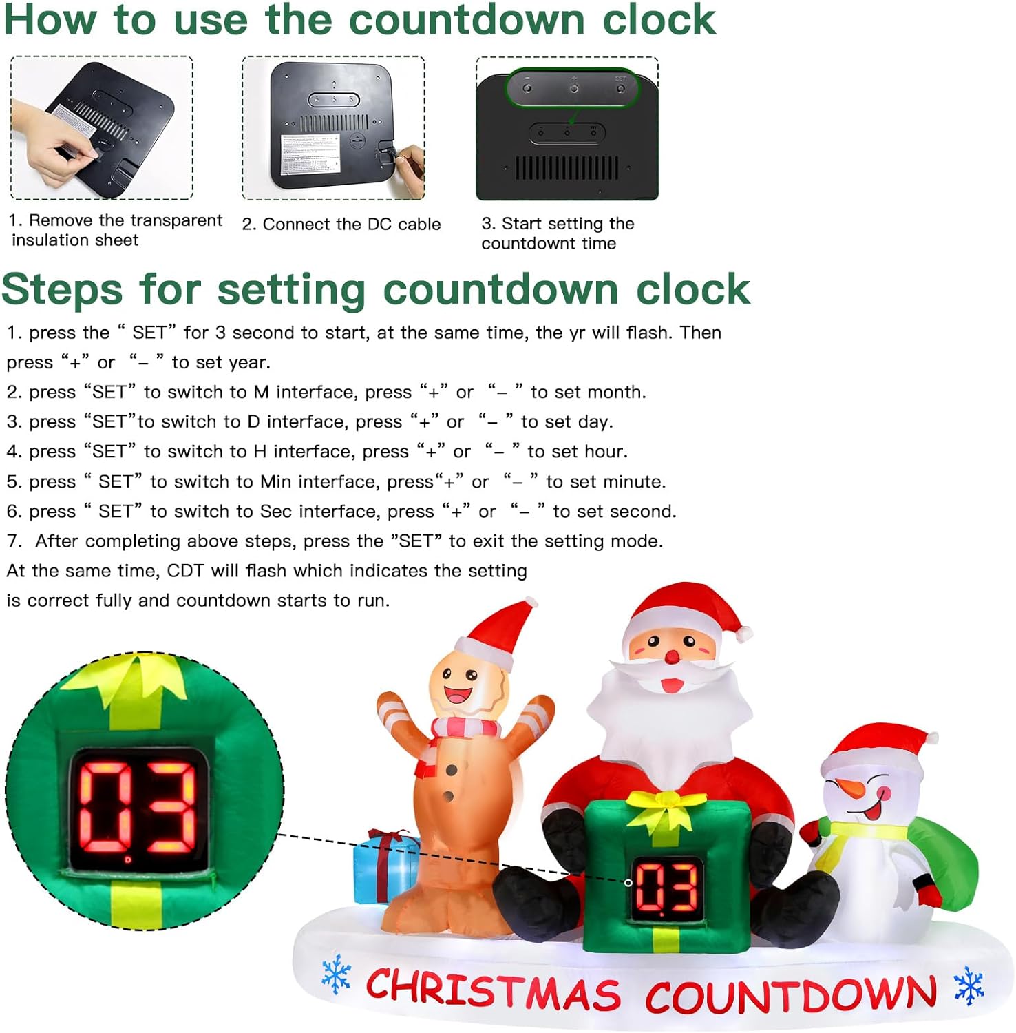 Alupssuc 8 FT Christmas Inflatable Outdoor Decorations with LED Christmas Countdown Clock, Snowman Santa and Gingerbread Man, Lighted Blow Up Lawn Yard Clearance for Indoor Xmas Holiday Party Decor