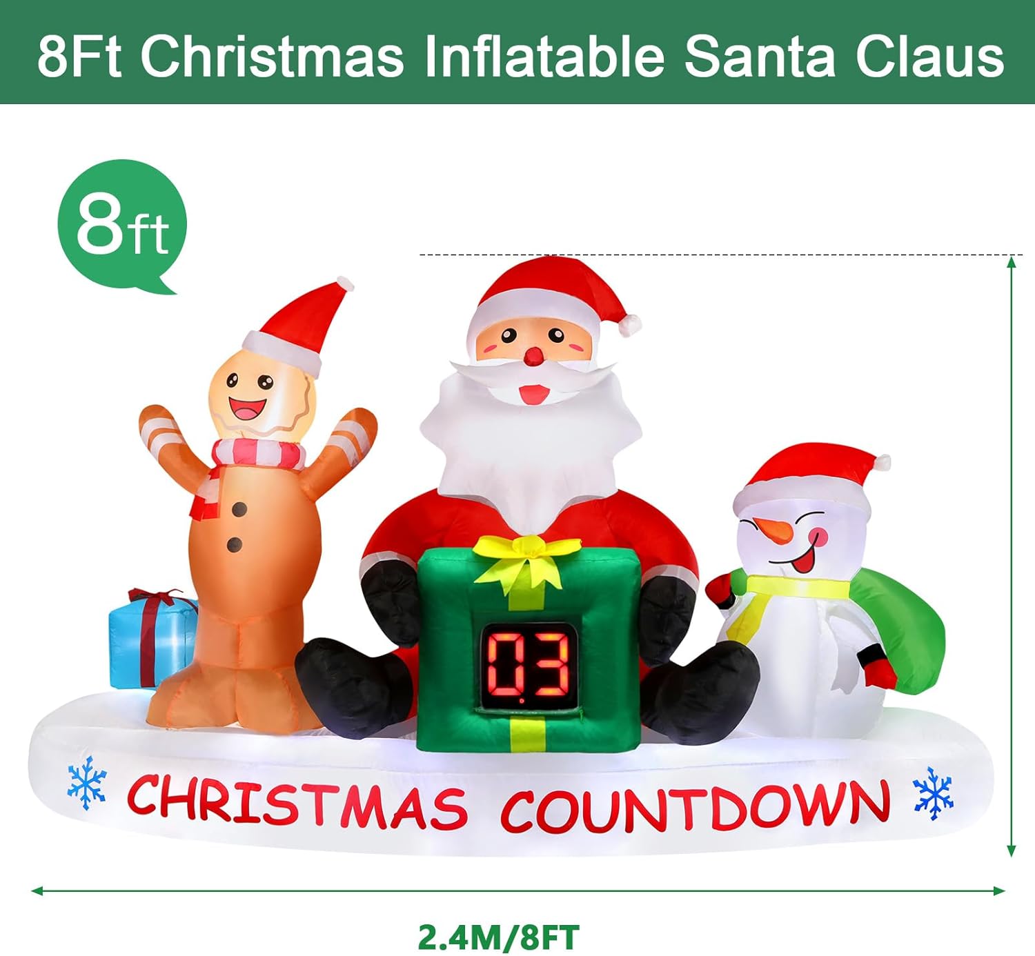 Alupssuc 8 FT Christmas Inflatable Outdoor Decorations with LED Christmas Countdown Clock, Snowman Santa and Gingerbread Man, Lighted Blow Up Lawn Yard Clearance for Indoor Xmas Holiday Party Decor