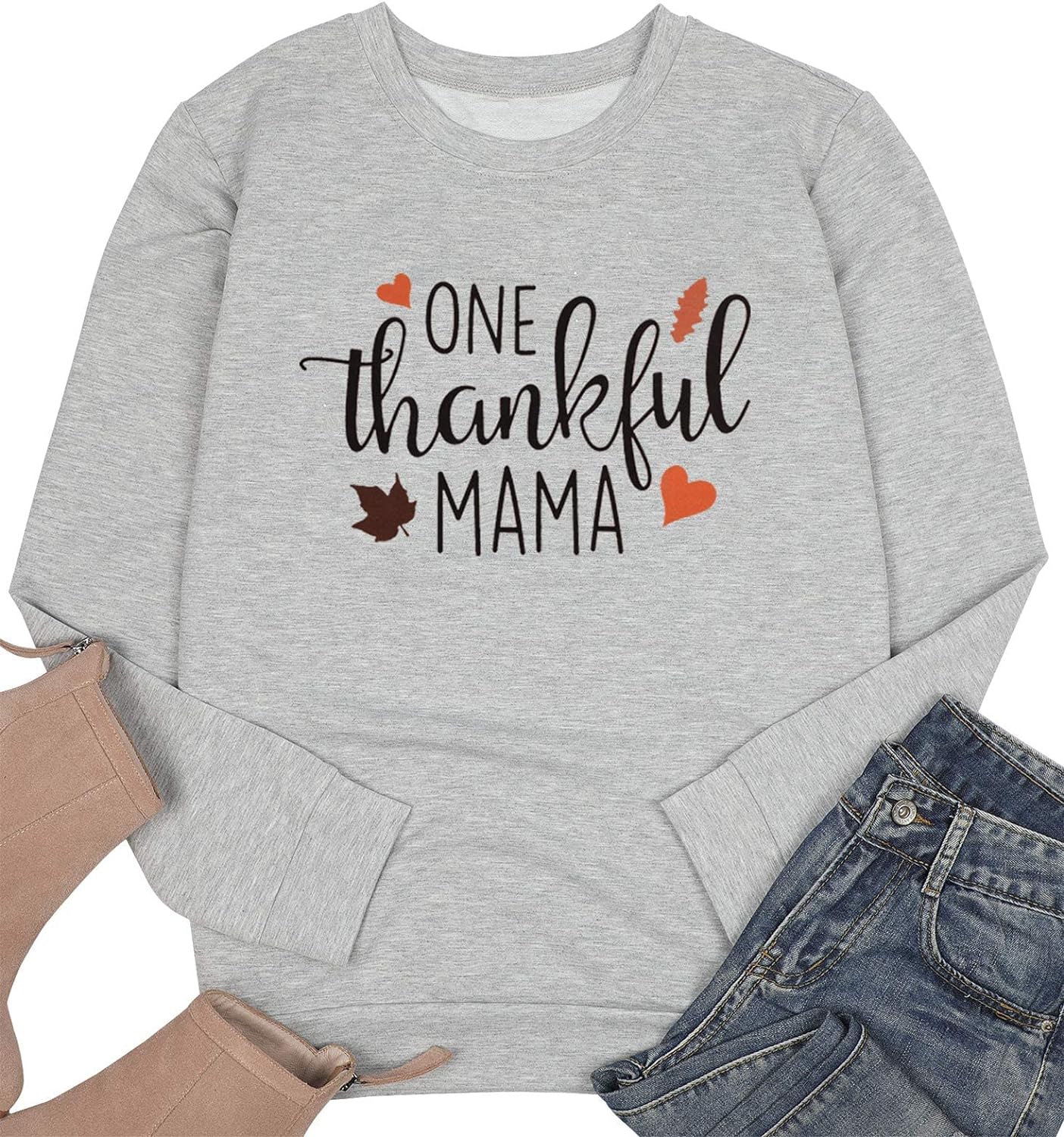 BANGELY One Thankful Mama Sweatshirt Women Thanksgiving Casual Long Sleeve Top Tees Mom Gift Shirts