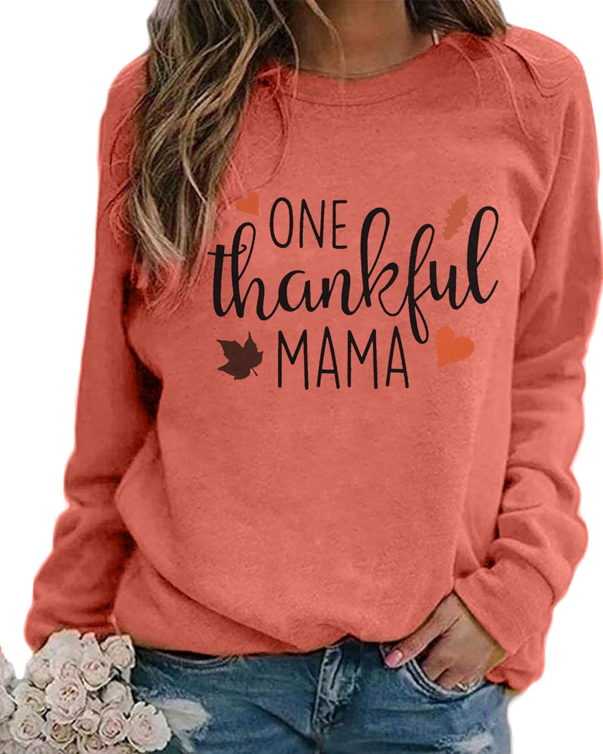 BANGELY One Thankful Mama Sweatshirt Women Thanksgiving Casual Long Sleeve Top Tees Mom Gift Shirts