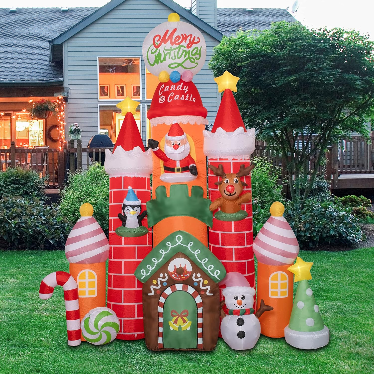 Christmas 2023 New 10ft Inflatable Candy Castle with Santa Reindeer Penguin Snowman Xmas Tree Star Bright LED Light Removable Air Blower - Holiday Outdoor Yard Lawn Garden Party Decorations