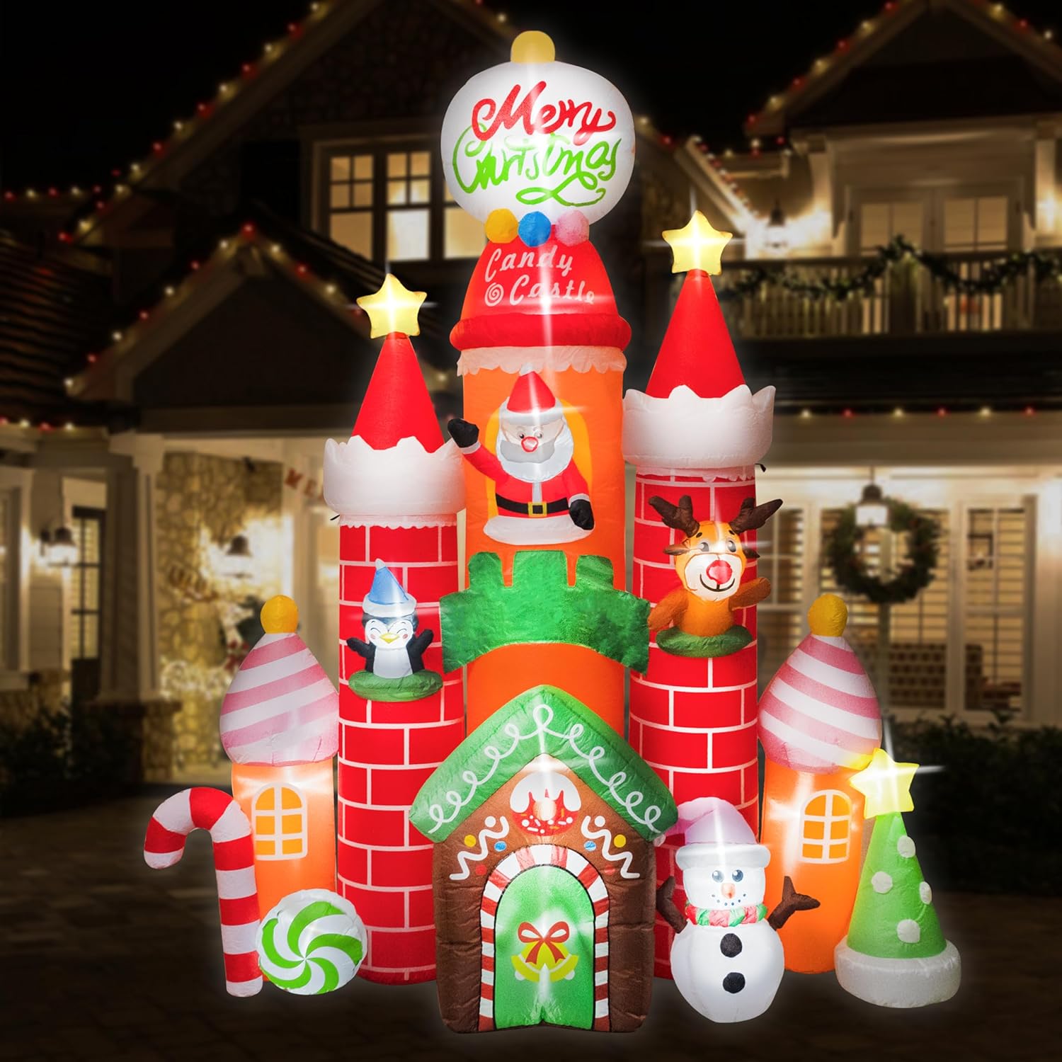 Christmas 2023 New 10ft Inflatable Candy Castle with Santa Reindeer Penguin Snowman Xmas Tree Star Bright LED Light Removable Air Blower - Holiday Outdoor Yard Lawn Garden Party Decorations