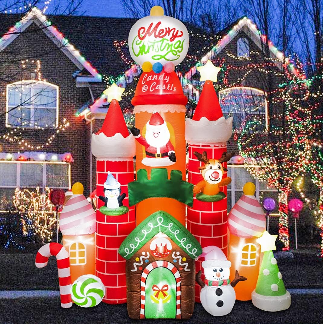 Christmas 2023 New 10ft Inflatable Candy Castle with Santa Reindeer Penguin Snowman Xmas Tree Star Bright LED Light Removable Air Blower - Holiday Outdoor Yard Lawn Garden Party Decorations