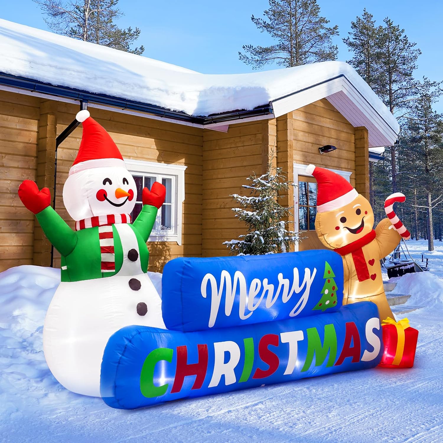 COOBILY 9FT Long Merry Christmas Banner Outdoor Inflatables Decorations with LED Lights, Happy Snowman Inflatable Gingerbread Man Gift Box Decoration Blow Ups Yard Holiday Xmas Party Decor