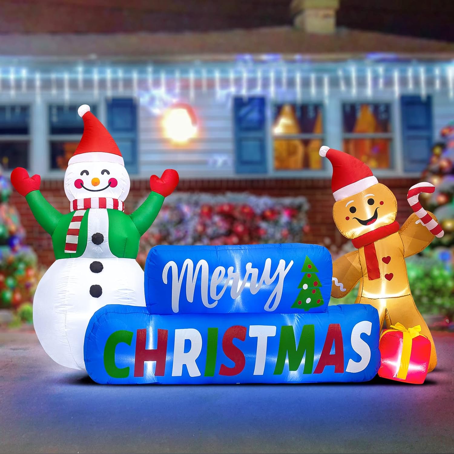 COOBILY 9FT Long Merry Christmas Banner Outdoor Inflatables Decorations with LED Lights, Happy Snowman Inflatable Gingerbread Man Gift Box Decoration Blow Ups Yard Holiday Xmas Party Decor