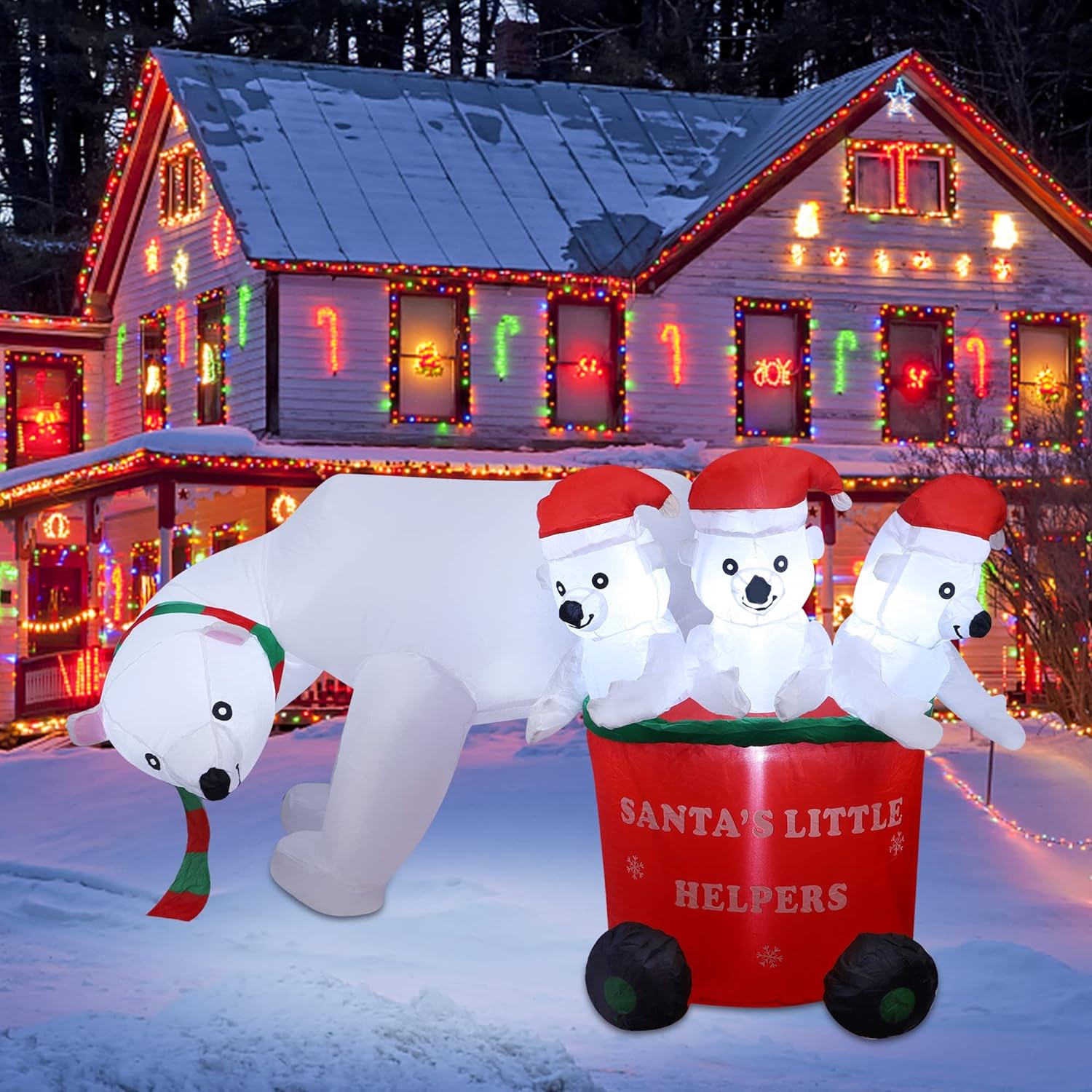 DR.DUDU 7 FT Christmas Inflatables Polar Bear with Santa Hat, Christmas Bear Blow up Outdoor Decorations for Lawn Garden Yard Xmas Holiday Party