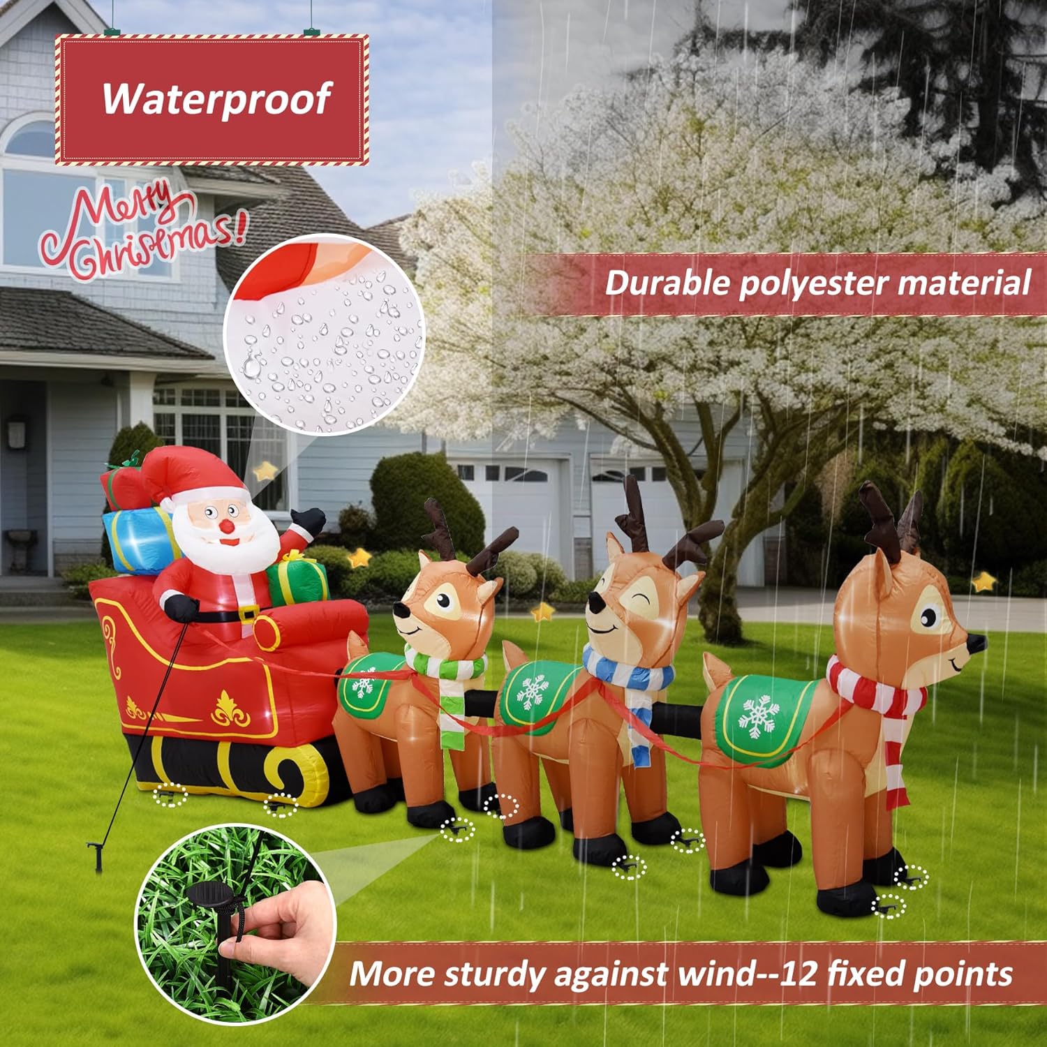 EAONE 12 Ft Christmas Inflatables Outdoor Decorations Giant Blow Up Yard Decorations Inflatable Santa Claus on Sleigh and 3 Reindeer, with Built-in LED Lights for Indoor Outdoor Home Holiday Decor