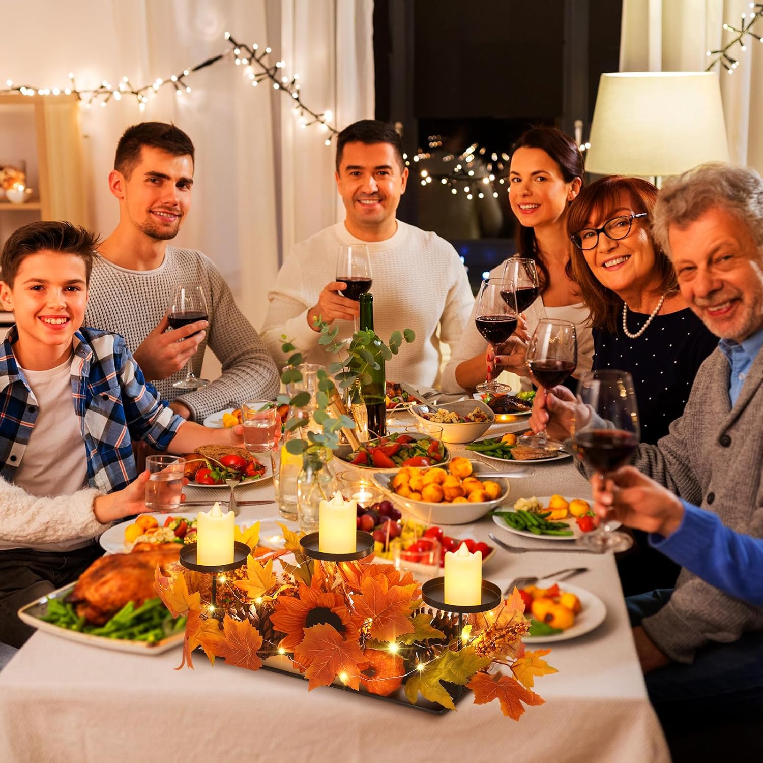 Fall Harvest Centerpiece Thanksgiving Candle Holders with 3 LED Candles and 1 String Lights, Maple Leaves Sunflower Centerpiece with 3 Candle Holders for Tables Autumn Fall Decorations