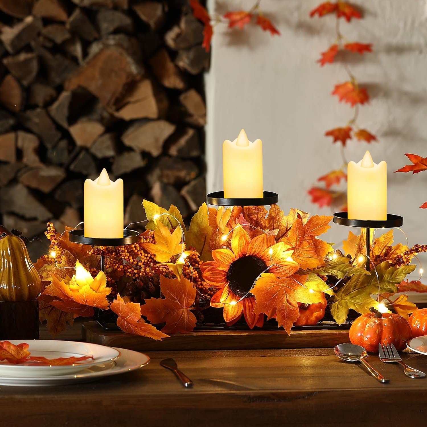 Fall Harvest Centerpiece Thanksgiving Candle Holders with 3 LED Candles and 1 String Lights, Maple Leaves Sunflower Centerpiece with 3 Candle Holders for Tables Autumn Fall Decorations