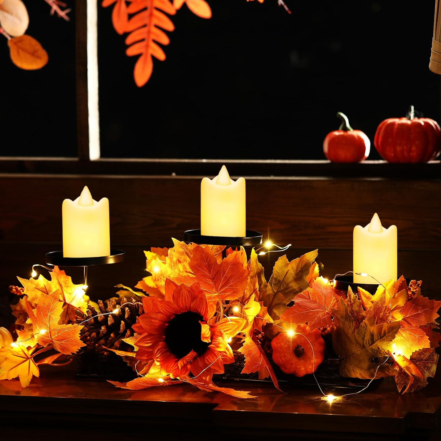 Fall Harvest Centerpiece Thanksgiving Candle Holders with 3 LED Candles and 1 String Lights, Maple Leaves Sunflower Centerpiece with 3 Candle Holders for Tables Autumn Fall Decorations