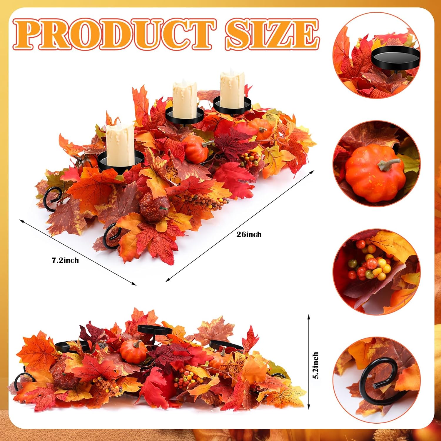 Fall Thanksgiving Maple Leaves Candle Holder with 3 LED Candle Harvest Table Candleholder Centerpiece Decorations Artificial Maple Leaf Candle Holders with Pumpkins Berries for Thanksgiving Autumn : Home  Kitchen