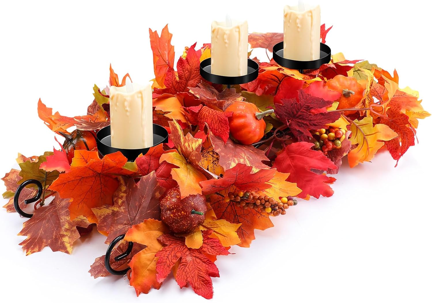 Fall Thanksgiving Maple Leaves Candle Holder with 3 LED Candle Harvest Table Candleholder Centerpiece Decorations Artificial Maple Leaf Candle Holders with Pumpkins Berries for Thanksgiving Autumn : Home  Kitchen