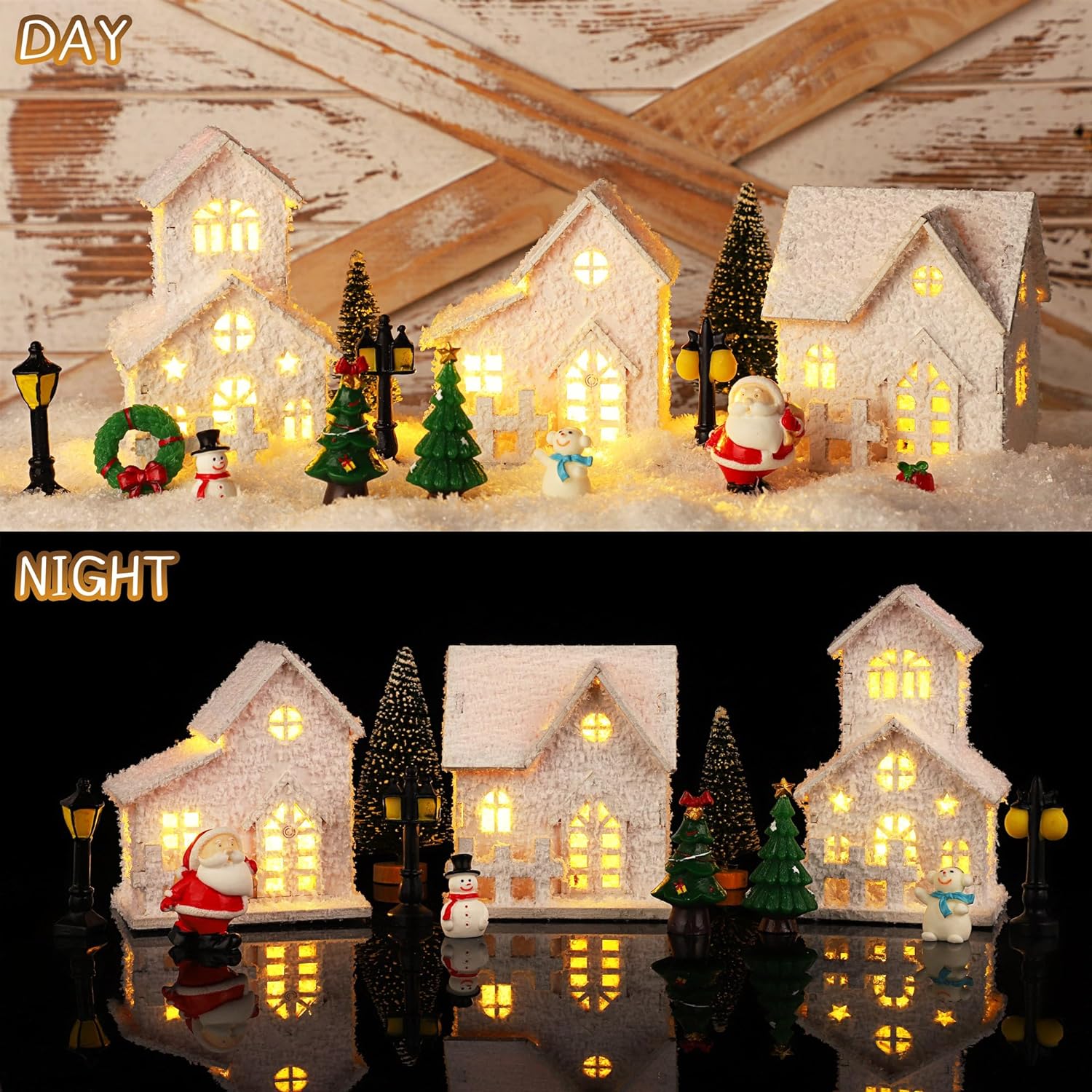 Fovths 35 Pieces Christmas Village Sets Lighted LED Village Houses Accessories with Artificial Fake Snow and Mini Figurine Desktop Ornament Winter Village Buildings for Christmas Home Table Decor