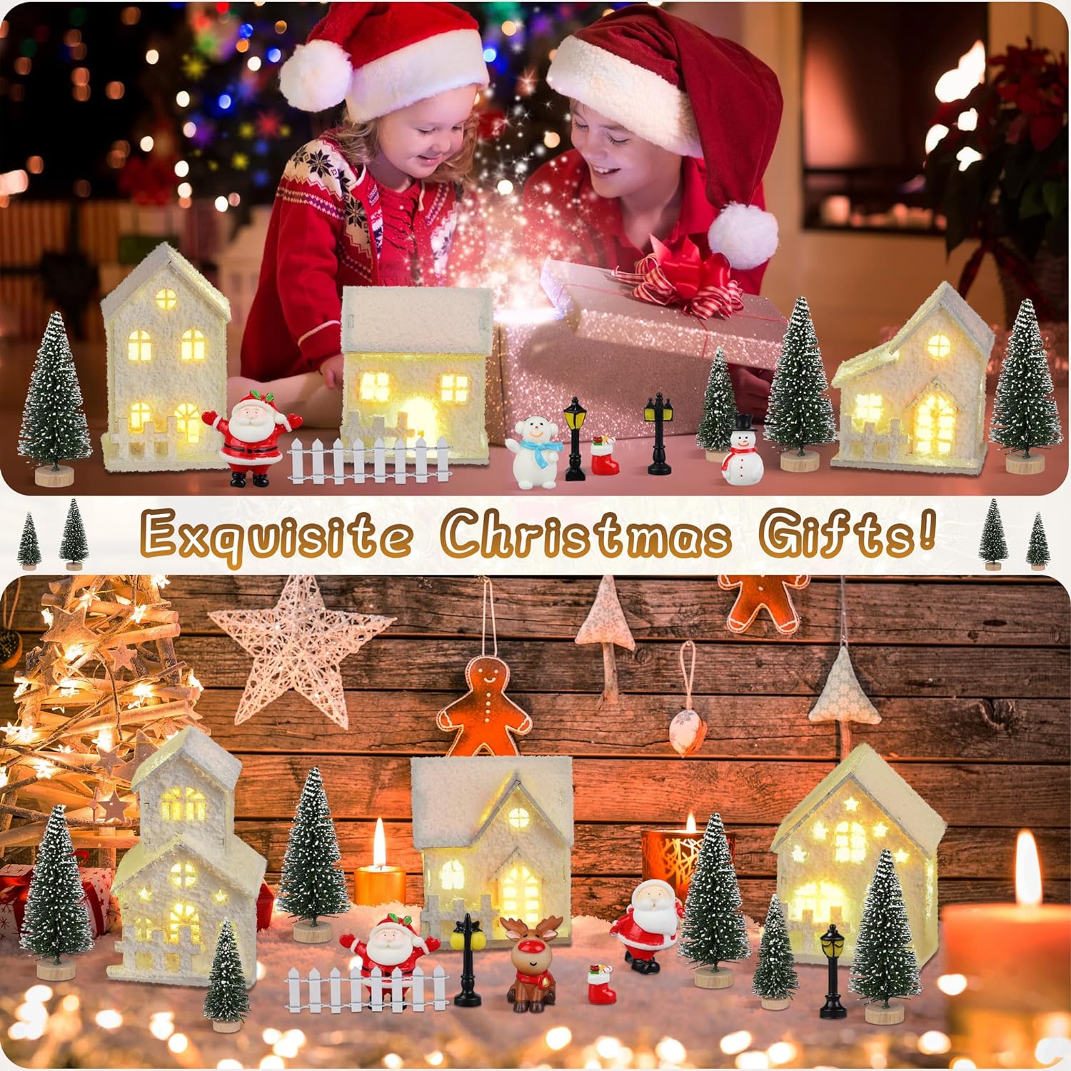 Fovths 35 Pieces Christmas Village Sets Lighted LED Village Houses Accessories with Artificial Fake Snow and Mini Figurine Desktop Ornament Winter Village Buildings for Christmas Home Table Decor