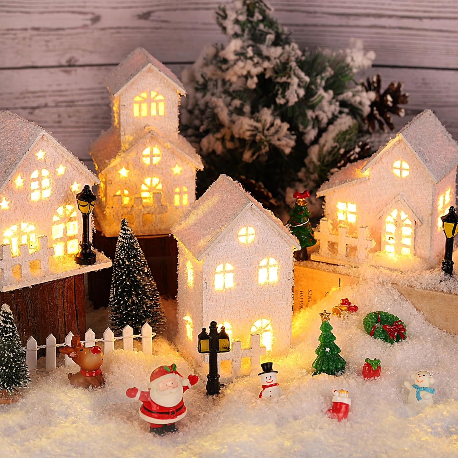 Fovths 35 Pieces Christmas Village Sets Lighted LED Village Houses Accessories with Artificial Fake Snow and Mini Figurine Desktop Ornament Winter Village Buildings for Christmas Home Table Decor