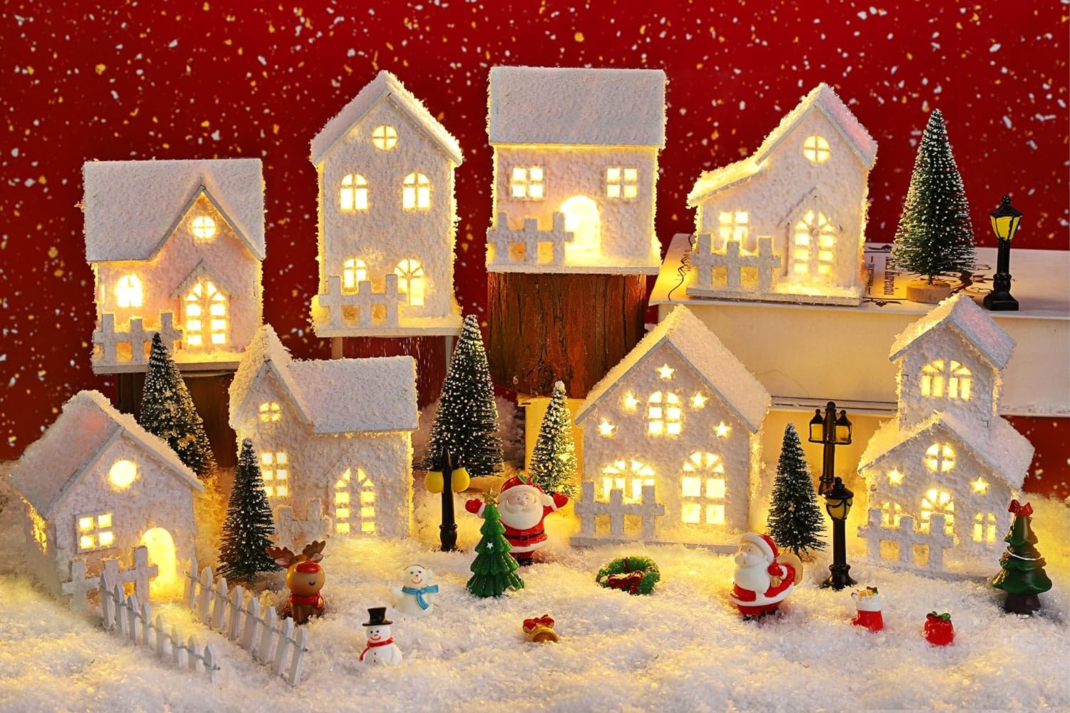 Fovths 35 Pieces Christmas Village Sets Lighted LED Village Houses Accessories with Artificial Fake Snow and Mini Figurine Desktop Ornament Winter Village Buildings for Christmas Home Table Decor