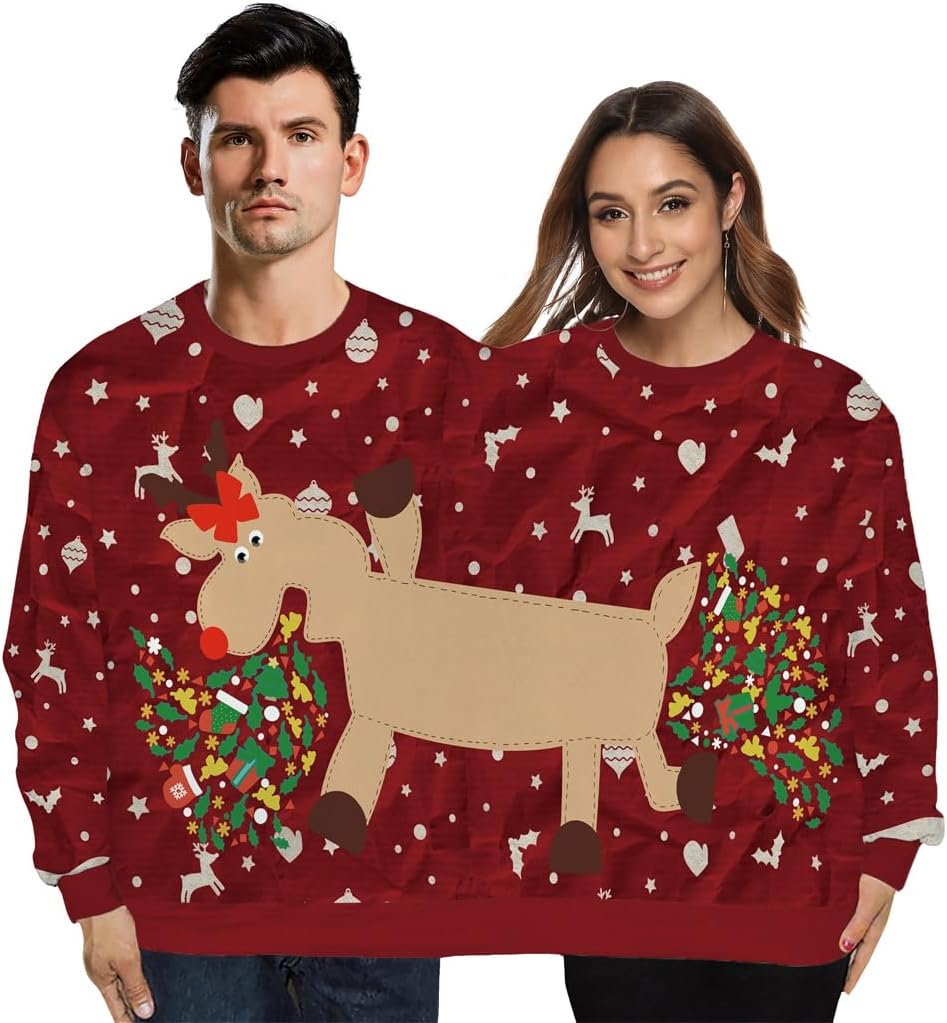 GRAJTCIN Mens and Womens Two Person Ugly Christmas Sweater 3D Printed Sweatshirt Couple