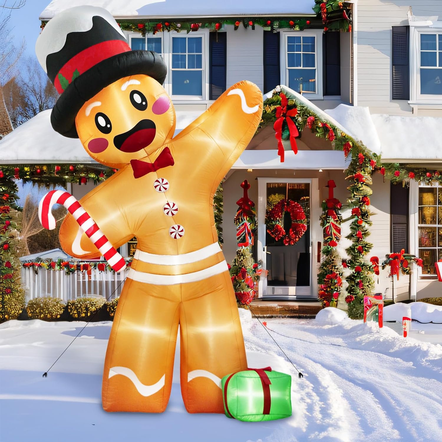 GUDELAK 12FT Christmas Inflatables Outdoor Decorations Gingerbread Man, Giant Inflatable Christmas Yard Decorations Outdoor with 8 LED, Christmas Blow-up Yard Decorations for Outdoor Indoor Lawn