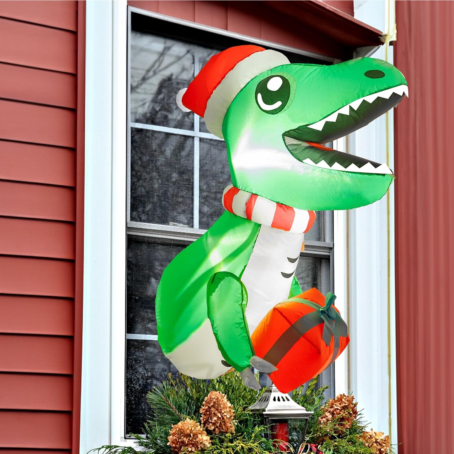 Hourleey 3.5 FT Christmas Window Inflatable Dinosaur, Blow Up Inflatable Broke Out from Window with Build-in LED for Christmas Party Indoor, Outdoor, Yard, Garden, Lawn Decoration