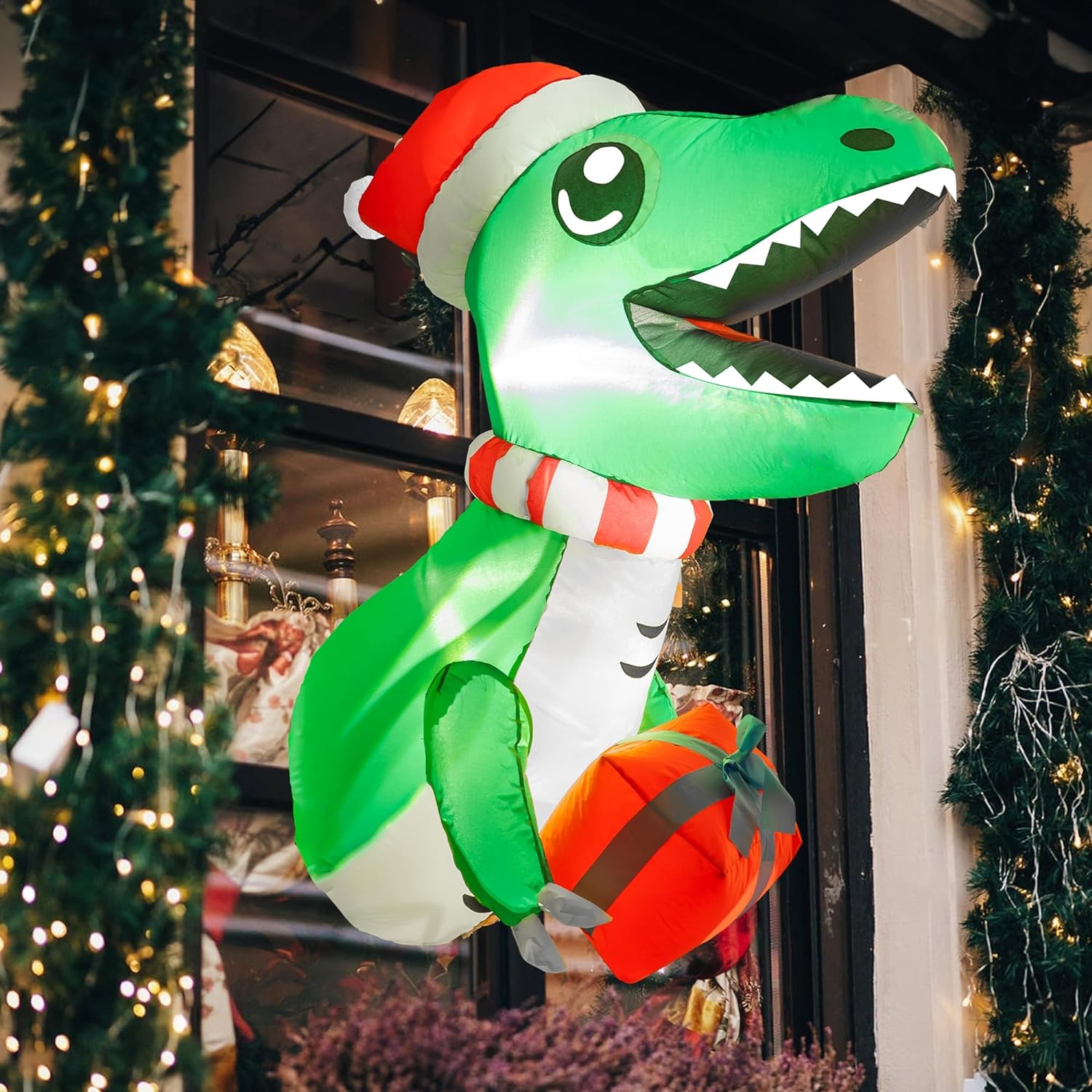 Hourleey 3.5 FT Christmas Window Inflatable Dinosaur, Blow Up Inflatable Broke Out from Window with Build-in LED for Christmas Party Indoor, Outdoor, Yard, Garden, Lawn Decoration