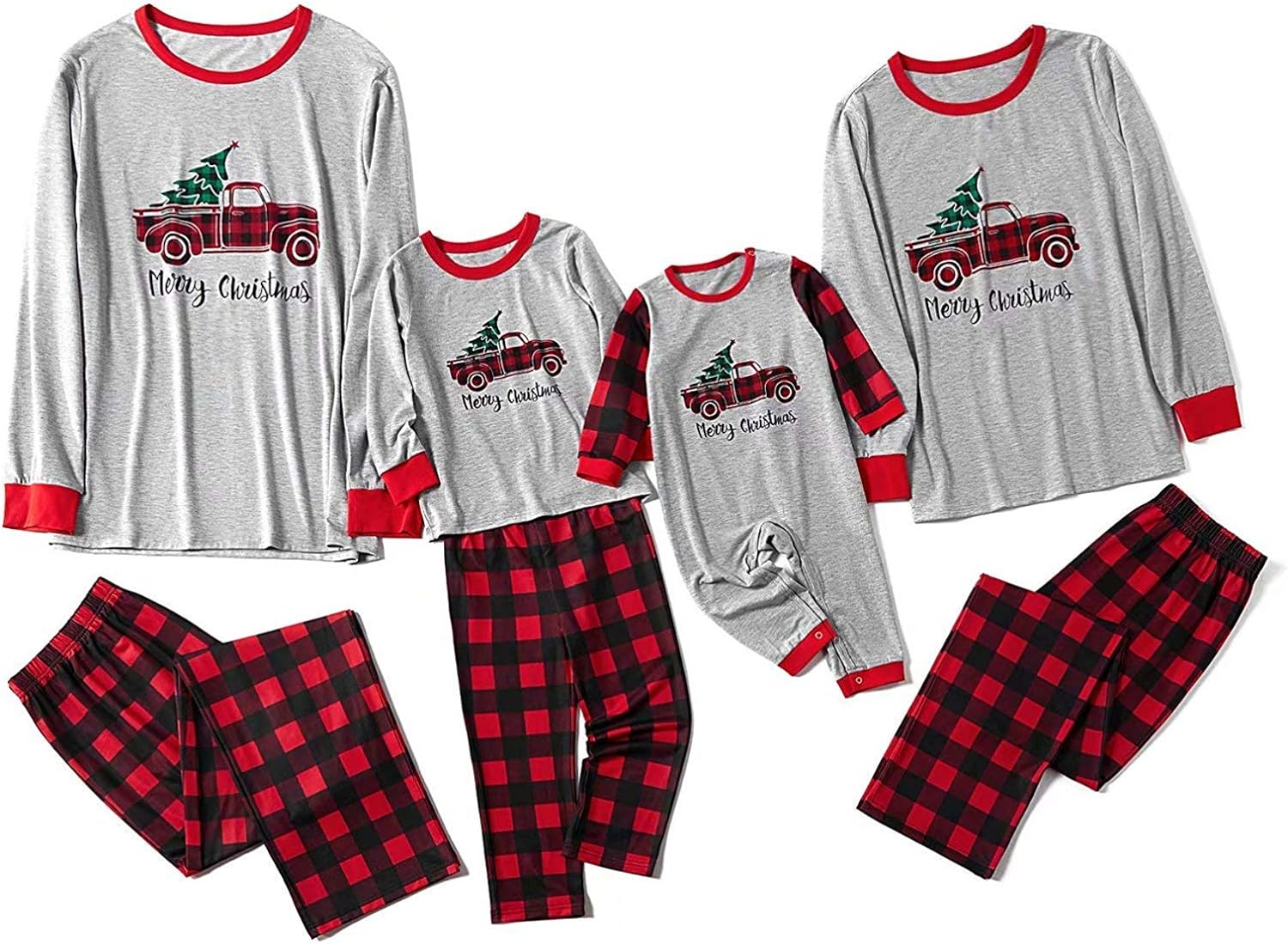 IFFEI Family Christmas Pajamas Matching Sets PJs Sleepwear Printed Top and Plaid Pants with Pockets