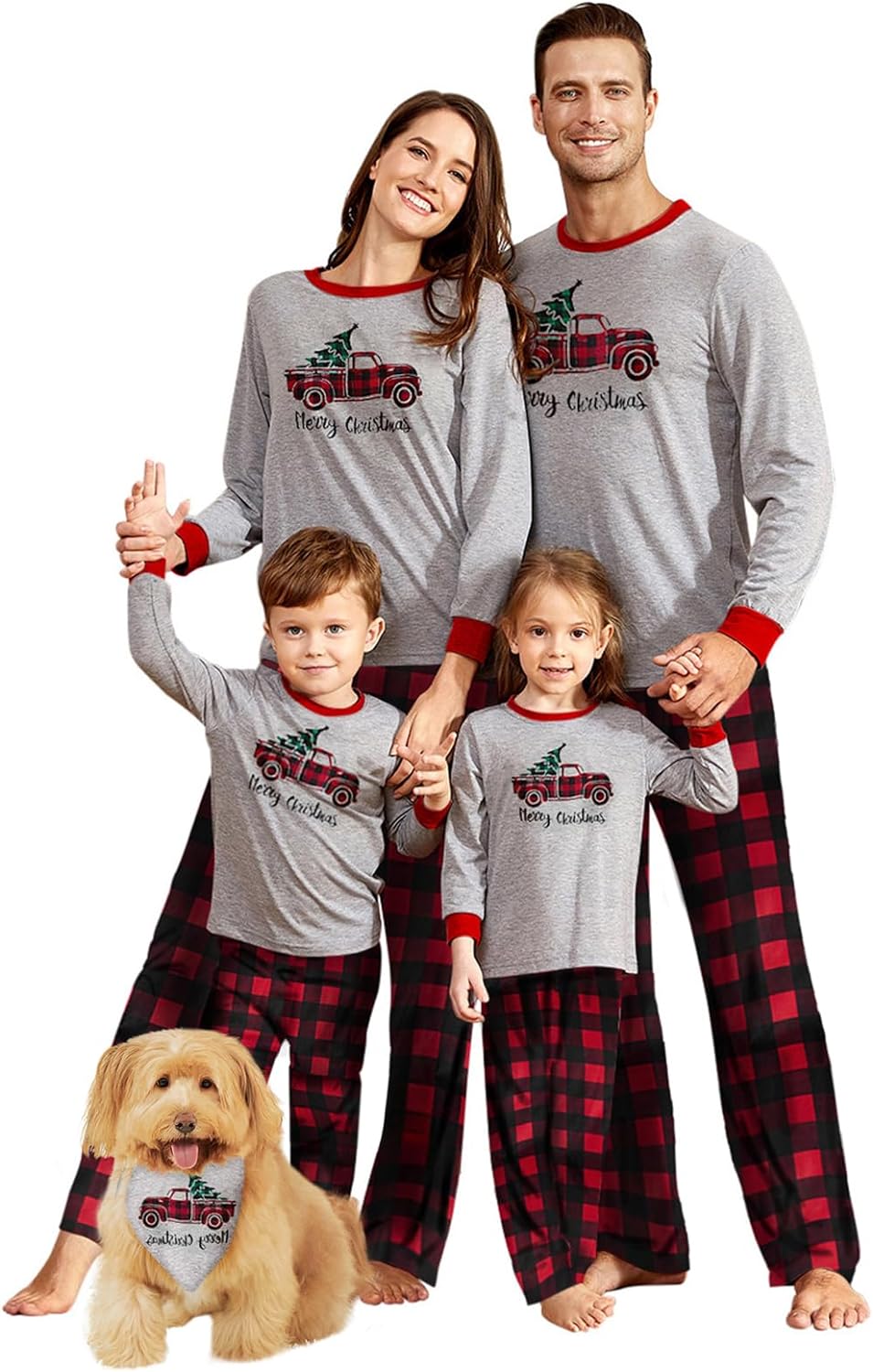 IFFEI Family Christmas Pajamas Matching Sets PJs Sleepwear Printed Top and Plaid Pants with Pockets