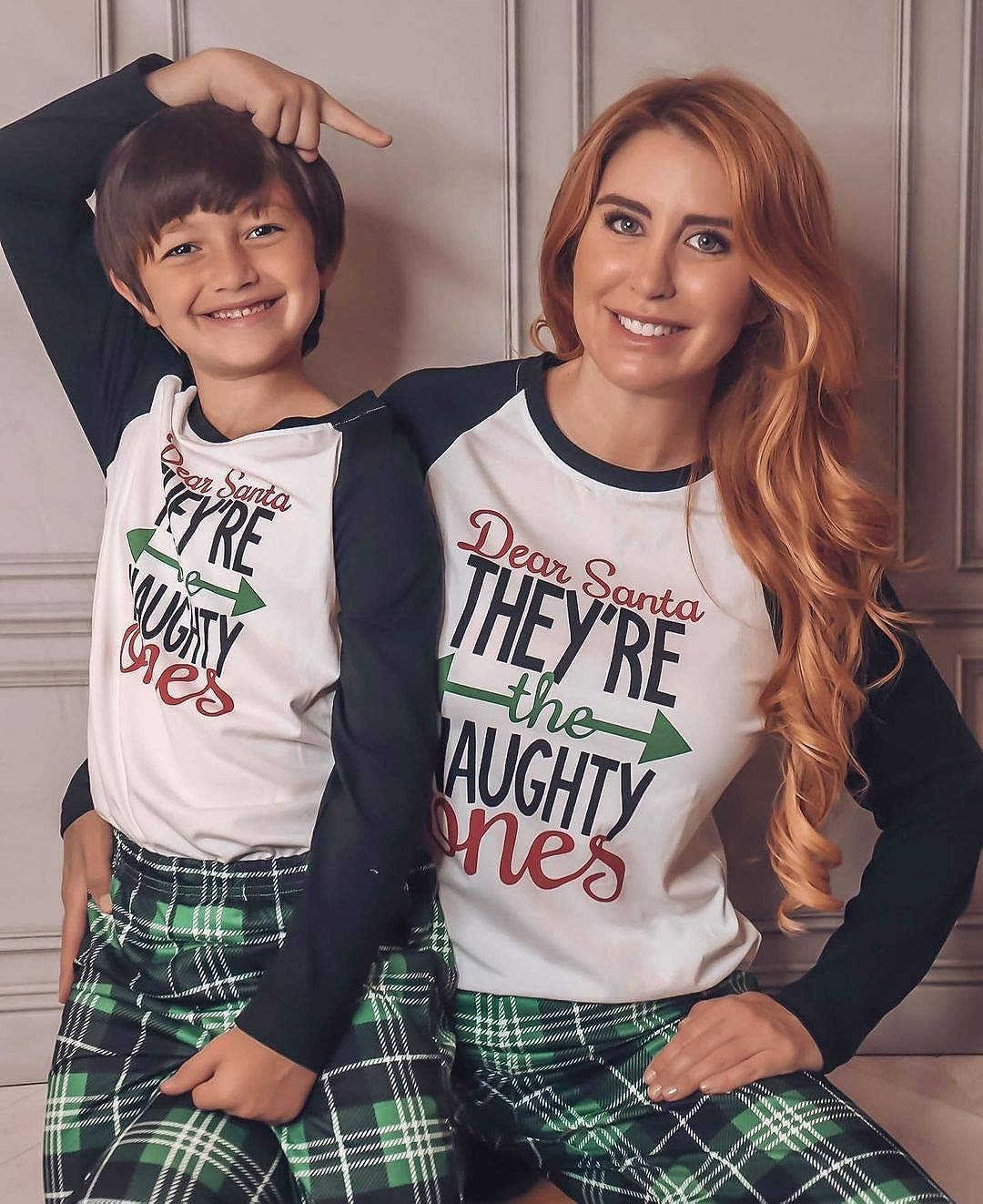 IFFEI Matching Family Pajamas Sets Christmas PJs Letter Print Top and Plaid Pants Jammies Sleepwear