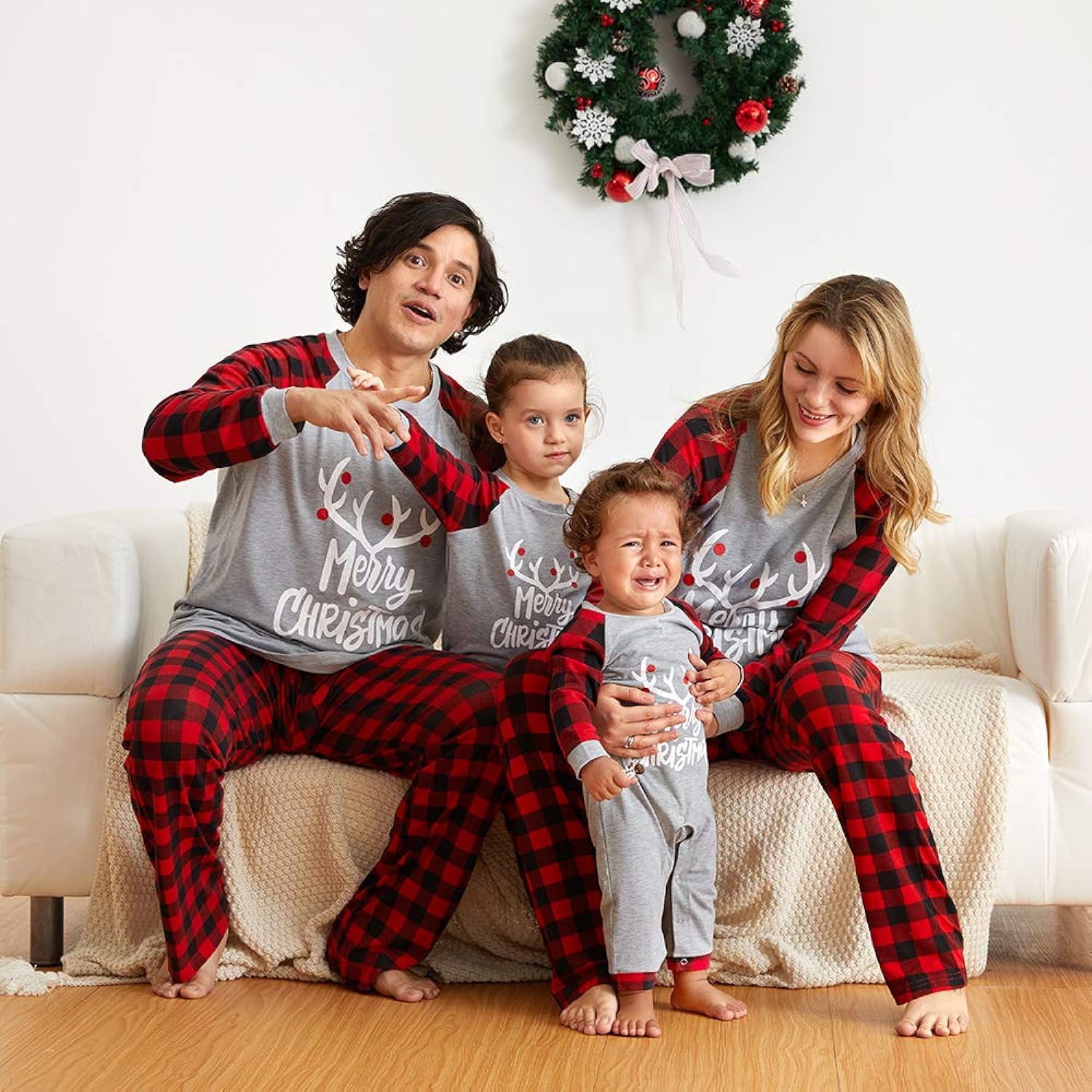 IFFEI Matching Family Pajamas Sets Christmas PJs with Letter and Plaid Printed Long Sleeve Tee and Bottom Loungewear