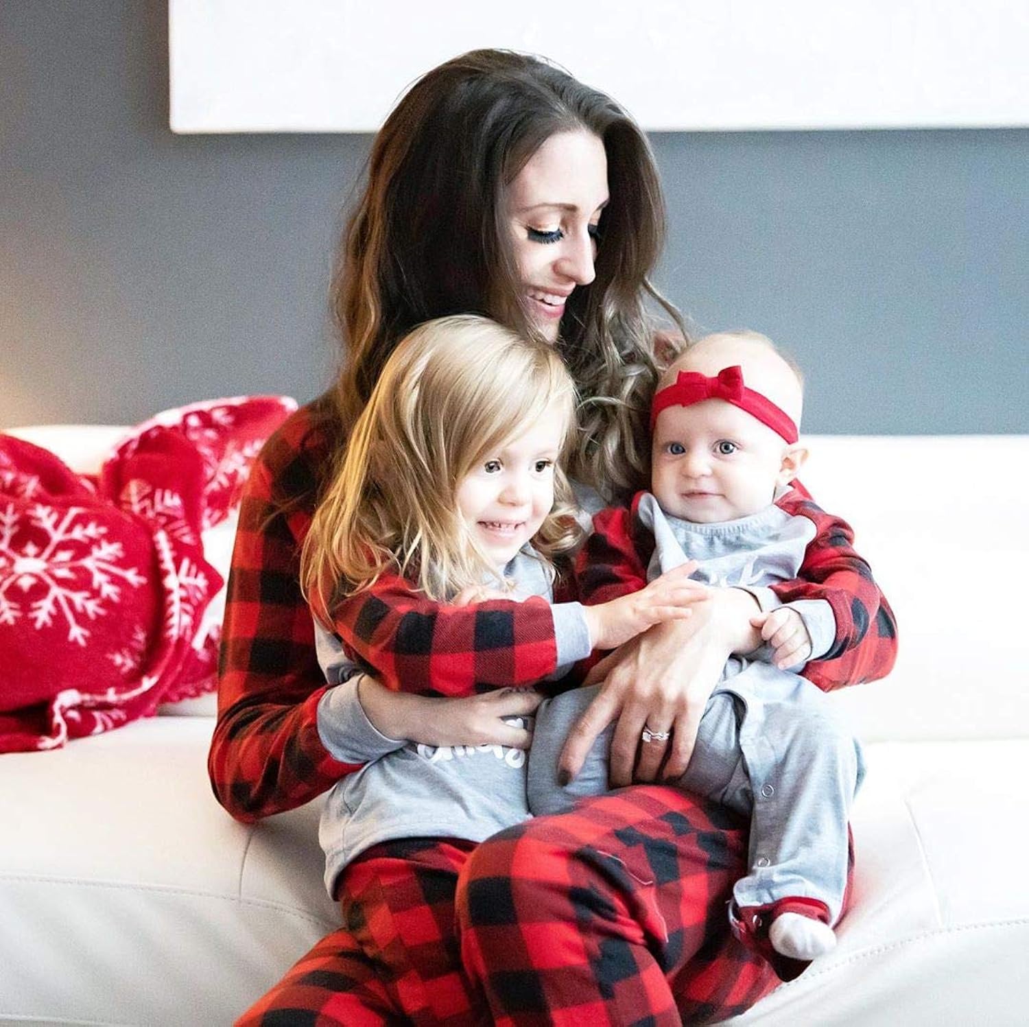 IFFEI Matching Family Pajamas Sets Christmas PJs with Letter and Plaid Printed Long Sleeve Tee and Bottom Loungewear