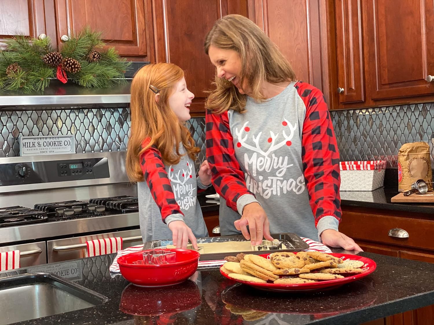 IFFEI Matching Family Pajamas Sets Christmas PJs with Letter and Plaid Printed Long Sleeve Tee and Bottom Loungewear