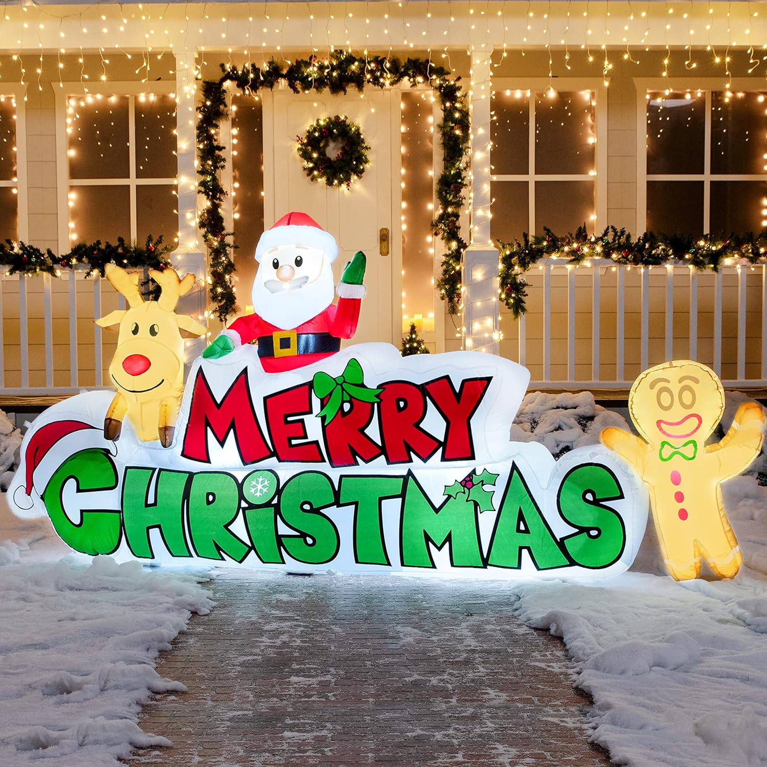 Joiedomi 9.5 FT Christmas Inflatable Merry Christmas Sign with Santa, Reindeer  Gingerman, Christmas Inflatable Decoration with Build-in LEDs for Xmas Party Outdoor Yard Garden Lawn Winter Decor