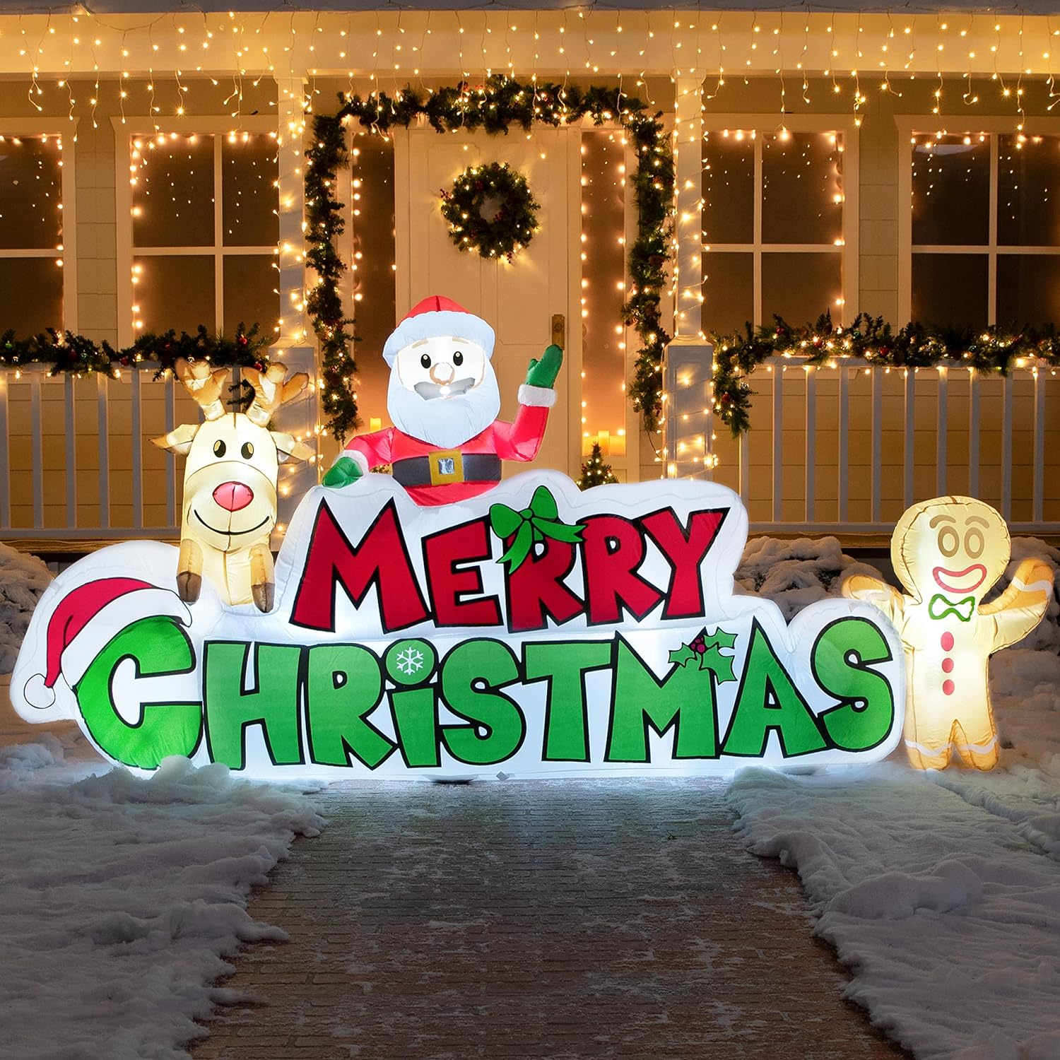 Joiedomi 9.5 FT Christmas Inflatable Merry Christmas Sign with Santa, Reindeer  Gingerman, Christmas Inflatable Decoration with Build-in LEDs for Xmas Party Outdoor Yard Garden Lawn Winter Decor