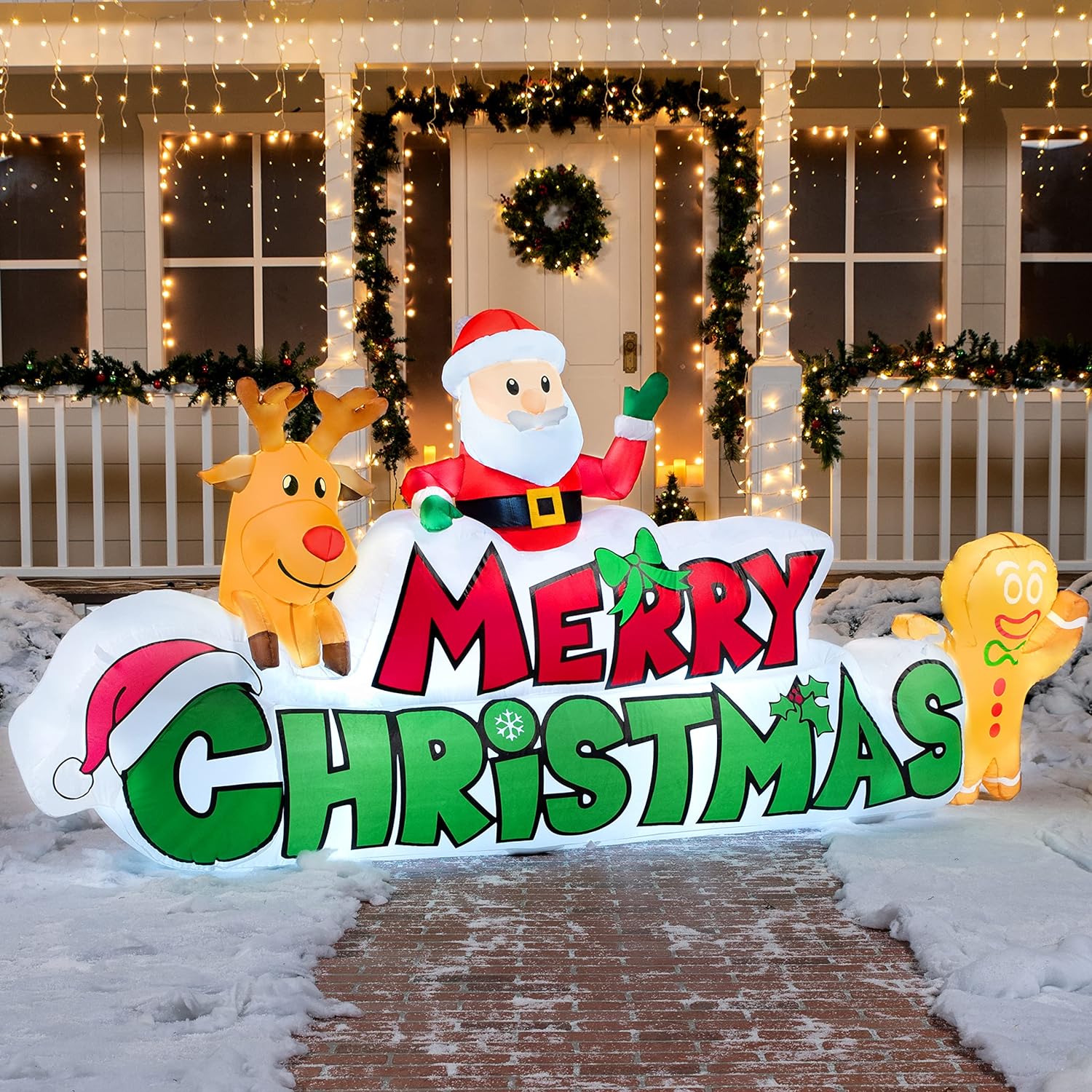 Joiedomi 9.5 FT Christmas Inflatable Merry Christmas Sign with Santa, Reindeer  Gingerman, Christmas Inflatable Decoration with Build-in LEDs for Xmas Party Outdoor Yard Garden Lawn Winter Decor