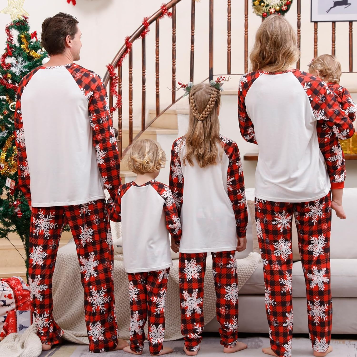 Kvture Christmas Pajamas for Family Xmas Pjs Matching Sets Long Sleeve Shirts and Plaid Pants Santa Christmas Tree Sleepwear