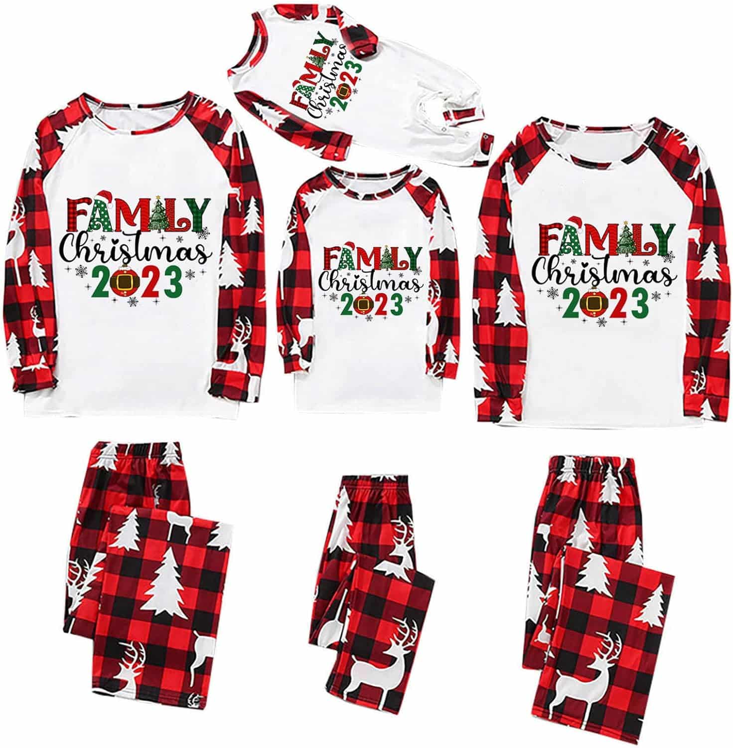 Kvture Christmas Pajamas for Family Xmas Pjs Matching Sets Long Sleeve Shirts and Plaid Pants Santa Christmas Tree Sleepwear